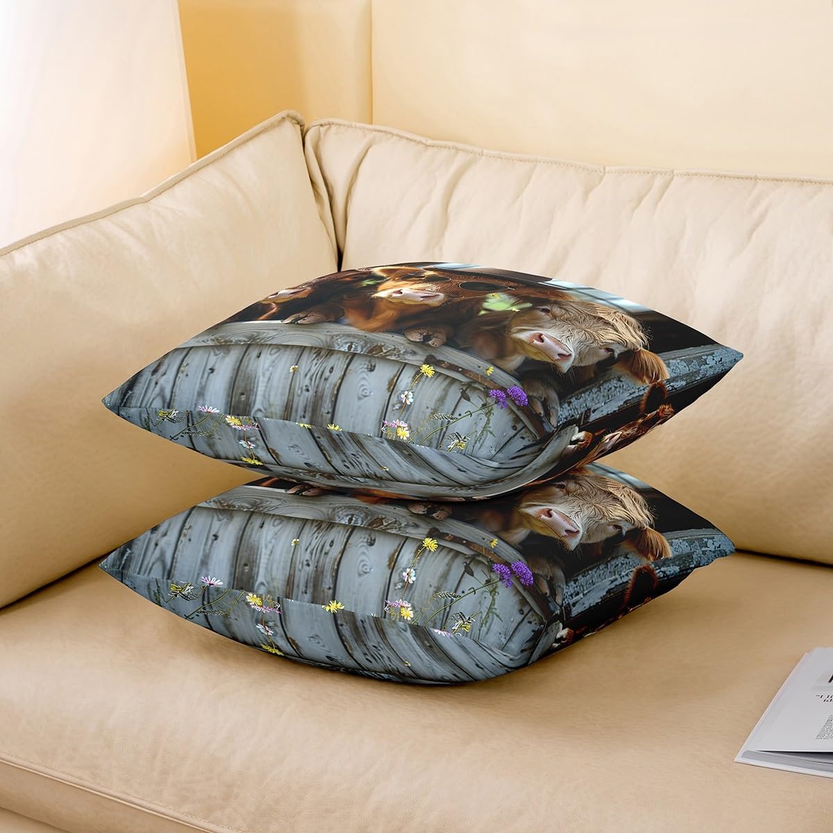 Western Farm Cow Pillow Covers 3D Abstract Brown Highland Cow Cushion Covers for Kids Teens Adults Wooden Stripes Retro Floral Rustic Farmhouse Style Cushion Cases for Sofa 24x24 Inch Set of 2