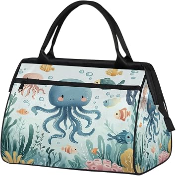 Large Travel Duffle Bag for Women Men,Waterproof Weekender Overnight Bag Carry on Tote Bags for Gym Sport Business Trip,Cartoon Underwater World Jellyfish Duffel Bags