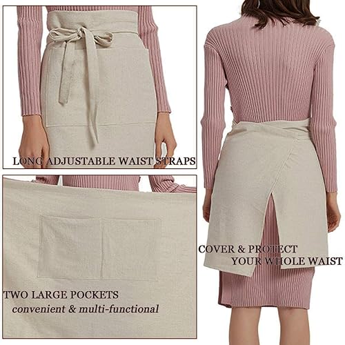 Miniatura 7 de Cityelf Delantal de lino para servir bistró de algodón, con bolsillos grandes, delantal de cocina para cocinar, para camarera