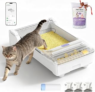 Robotail Fully Open Top Automatic Self Cleaning Litter Box, Extra Large Electric Cat Litter Box with APP Control Health Monitor, Smart Litter Tray for Multiple Cats, Anti-Pinch, Come with 5lb Litter