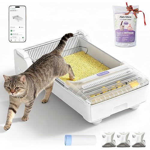 Robotail Fully-Open Automatic Self Cleaning Litter Box, Extra Large Space Electric Cat Litter Box with APP Control Health Monitor, Smart Litter Tray for Multiple Cats, Anti-Pinch, Come with 5lb Litter