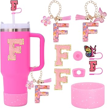 Pink Stanley Cup 9PCS Cup Accessories Set Compatible with 30oz & 40oz Cups,Includes Straw Cover,Boot,Spill-Proof Stopper,2PCS Handle Charm & StickersPink F