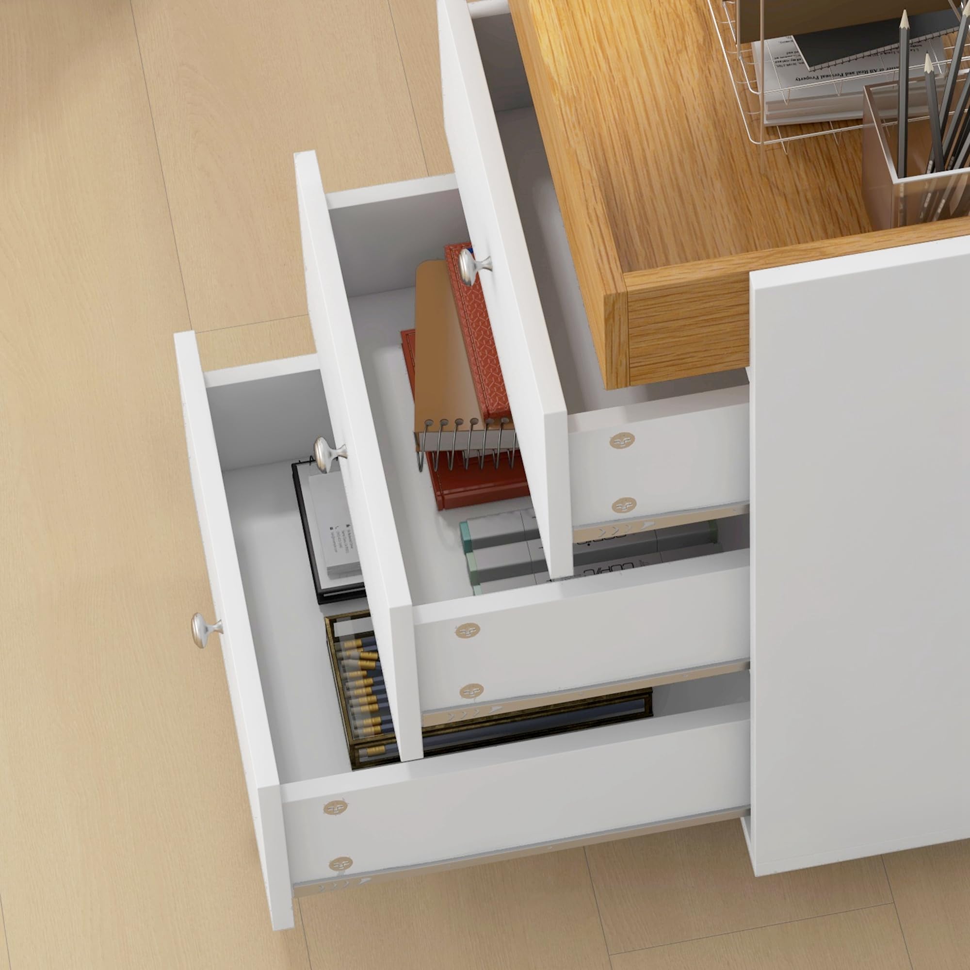 HOMCOM Meuble de Rangement, Commode de Bureau Accessoire Bureau avec 4 Roulettes, 3 Tiroirs et 1 Plateau Amovible, Charge 30 kg, pour Studio, Salon, 43 x 40 x 66,5 cm, Blanc et Naturel