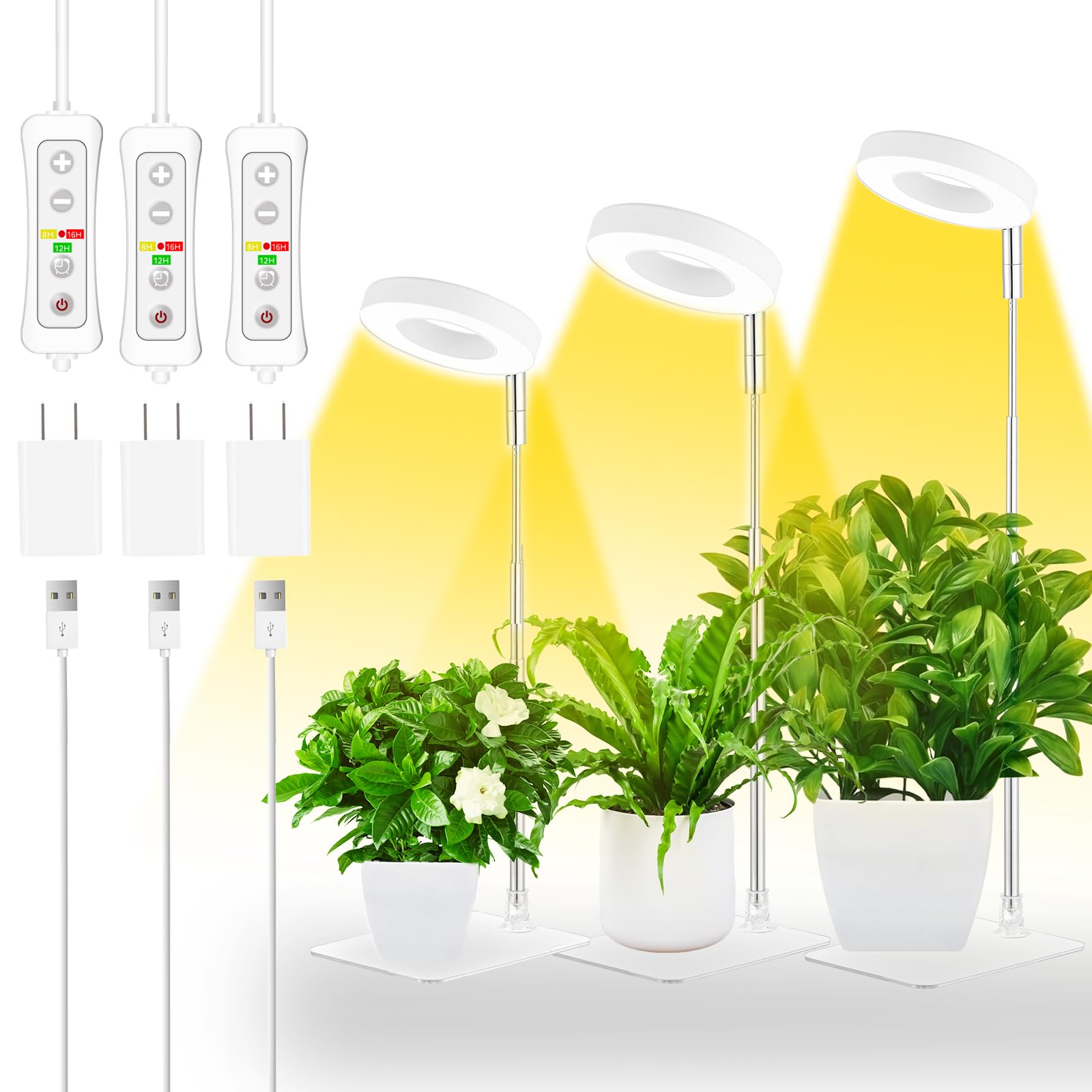 yadokerHalo Plant Grow Light, LED Growing Light Full Spectrum for Indoor Plants,Height Adjustable, Automatic Timer, 5V Low Safe Voltage,Idea for Small Plants(3 Pack)