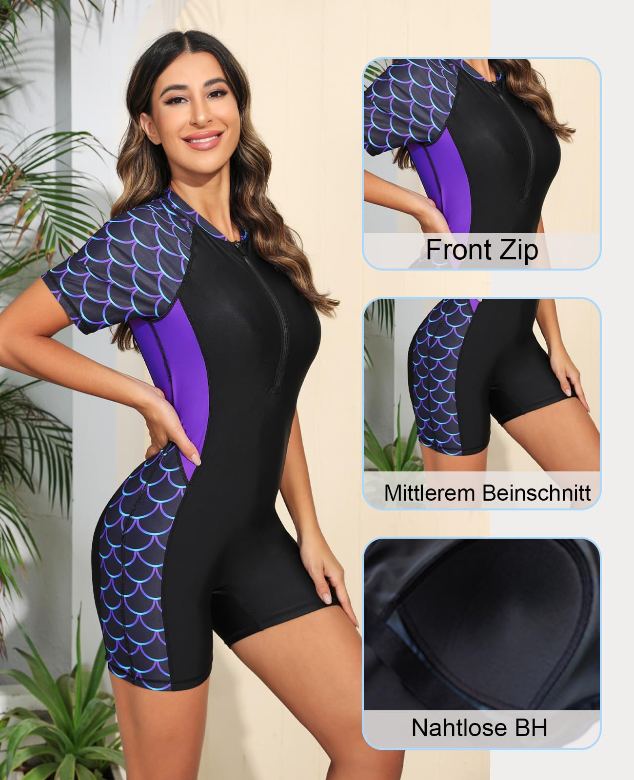 Halcurt Damen Langarm Badeanzug mit BH Rash Guard UPF 50+ Reißverschluss Schwimmshirt Surf UV Shirt Bademode Badeshirt S-XXL