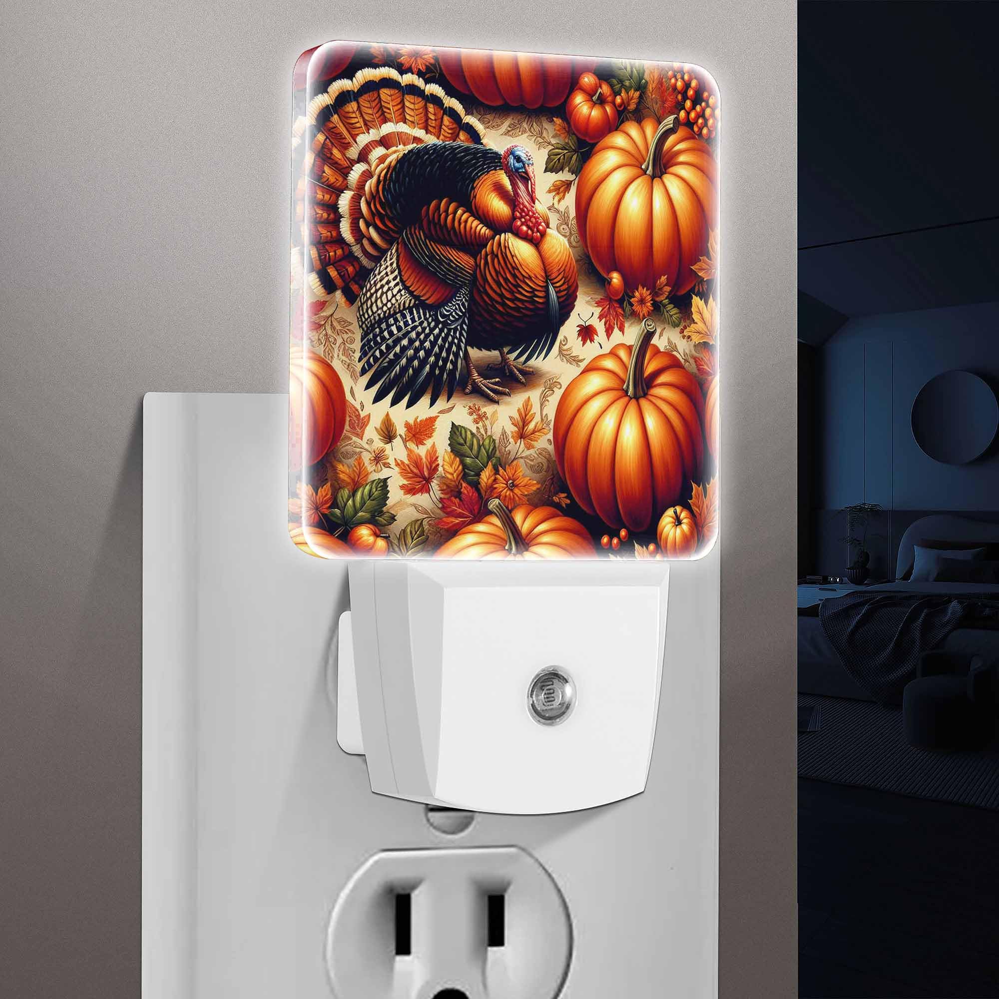 Jahiona LED Night Light Lamp with Smart Sensor Dusk to Dawn Sensor,Thanksgiving Holiday Turkey Bird Pumpkin Leaves Berries Night Light Daylight White,0.5W Plug-into Wall for Adults,Bedroom,Hallway