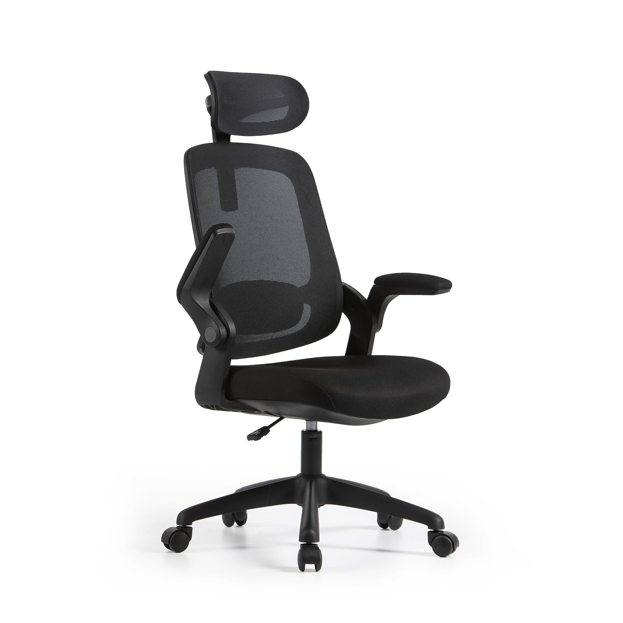 Zivella® Black Office Chair | Fireproof Fabric and High Density Foam | 90° Flip-up Armrests | 360° Rotation | Lumbar Support | Steel Bracket