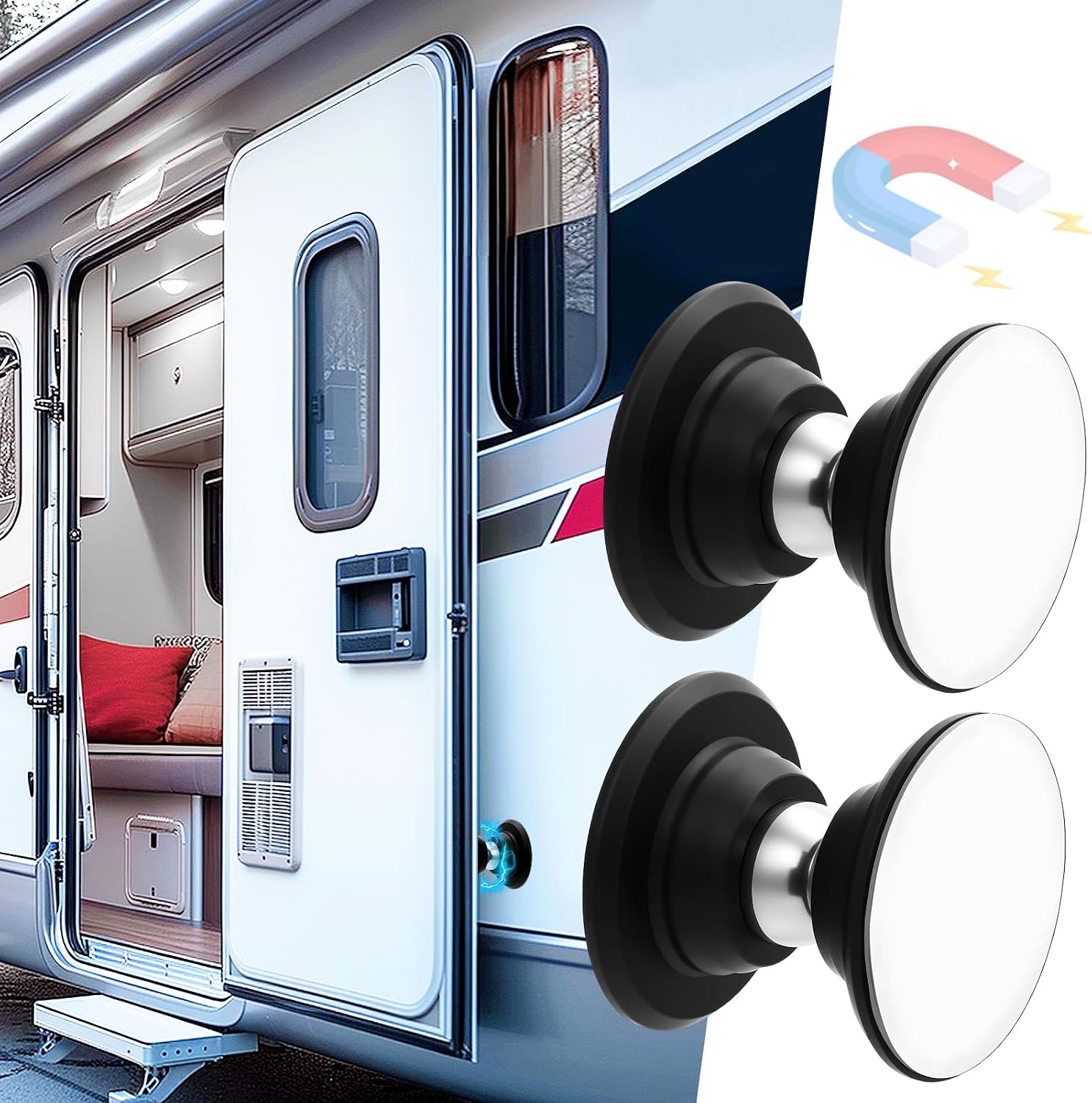 RV Magnetic Door Catch with Adhesives Screws - Easy to Install Camper Trailer Door Holder, Sturdy Stopper for RV Accessories, 2 Pack