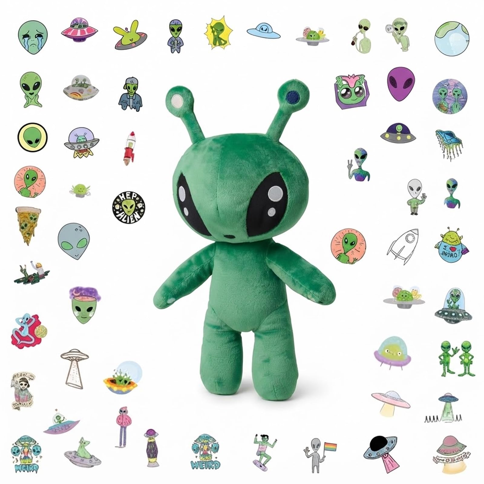 Alien Plush, Green Alien Stuffed Animal 35 cm 54 Stickers