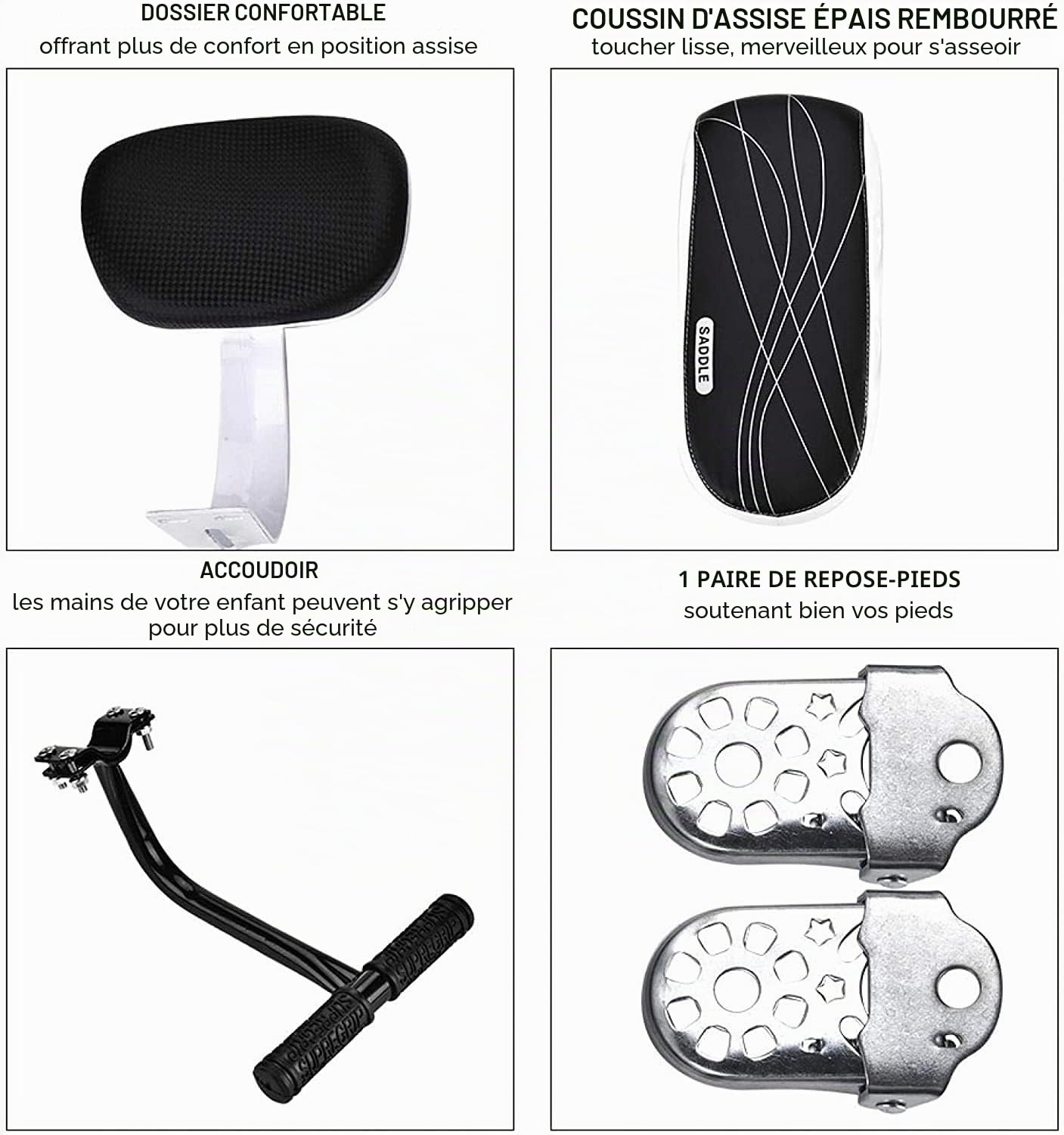 Siège Arrière Accessoires de Vélo, Coussin de Siège Arrière de Vélo avec Dossier Ensemble de Repose-Pieds Accoudoir de Coussin de Siège pour Vélo, pour Enfant Ou Adultes