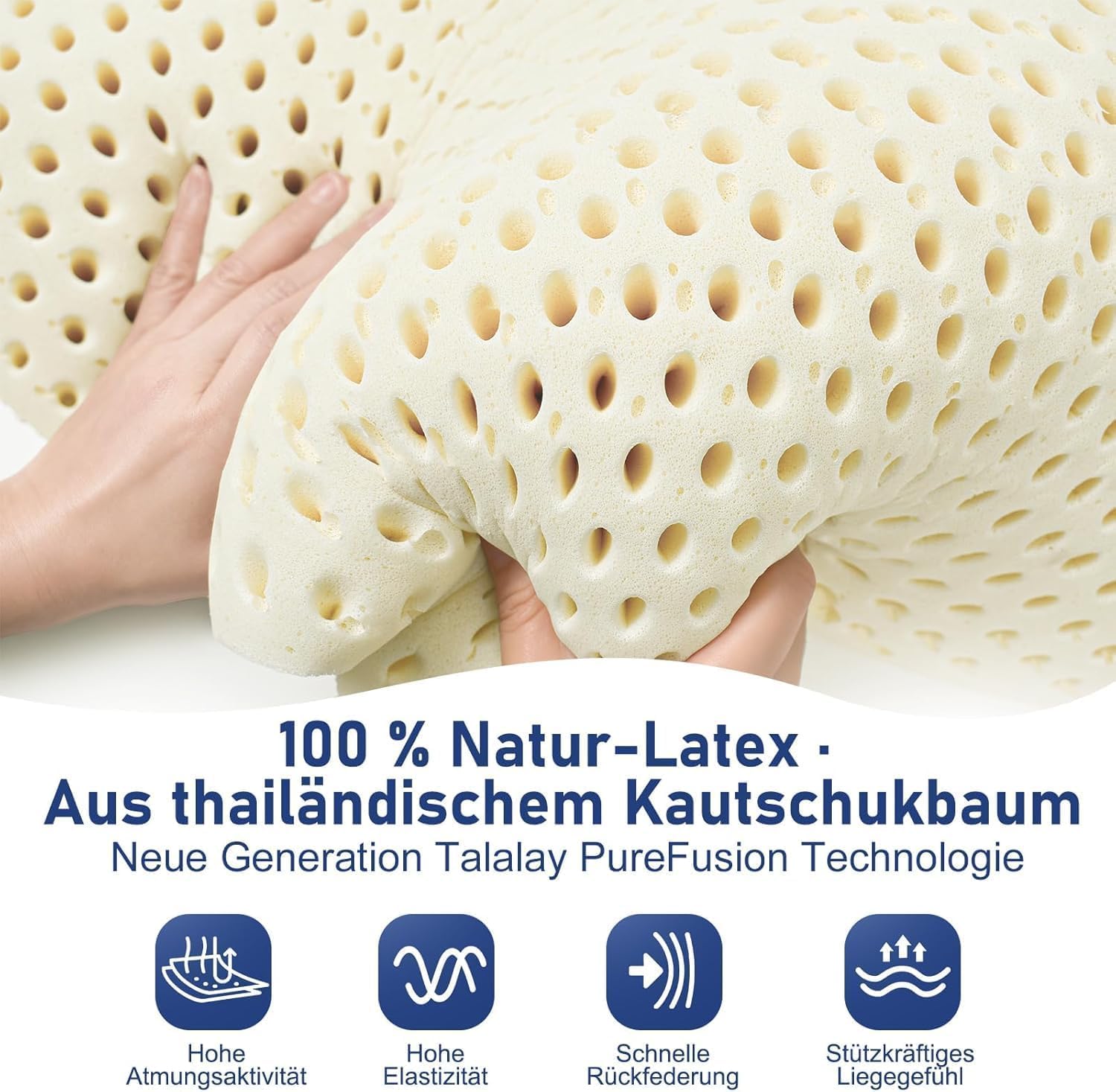 Talatex Natural Latex Flaches Kopfkissen,Ultra-Schlank-Kissen Für Bauchschläfer, Dünnes Latex-Kissen Hilft Bei Der Druckentlastung, Perfektes Paket (Standard (60×40×7cm))
