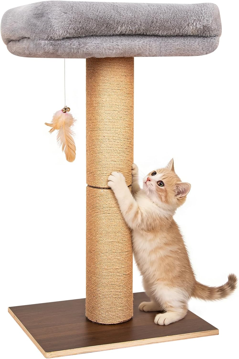 Cat Scratching Post, Retro-Style Tall Cat Scratcher Tower with Removable Gray Fluffy Cusion Perch, Natural Pine & Sisal Cat Scratcher for Indoor Cats, Medium