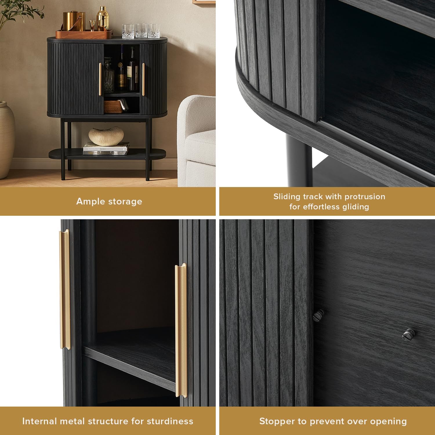 mopio Quin Storage Cabinet, Tambour Fluted Entryway Accent Sofa Tables, Buffet Sideboard with Doors & Shelves, Pantry Coffee Wine Bar Cabinet, Wood Console Table, Mid Century Modern (Black)