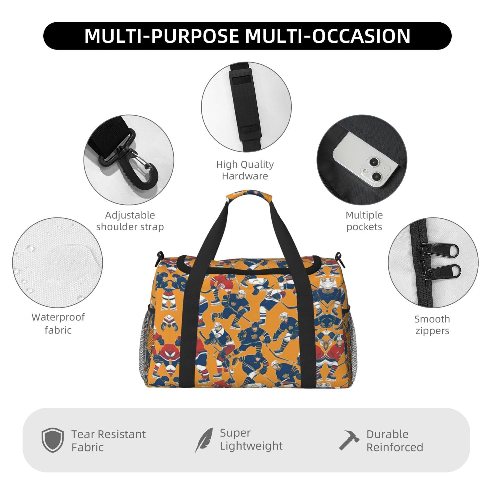 Sac de voyage de hockey, sacs de week-end pour femmes et hommes pour les aventures en plein air, idéal pour le camping et la randonnée, Noir/blanc, One Size