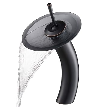 Kraus KGW-1700ORB-BLFR Single Lever Vessel Glass Waterfall Bathroom Faucet Oil Rubbed Bronze with Black Frosted Glass Disk