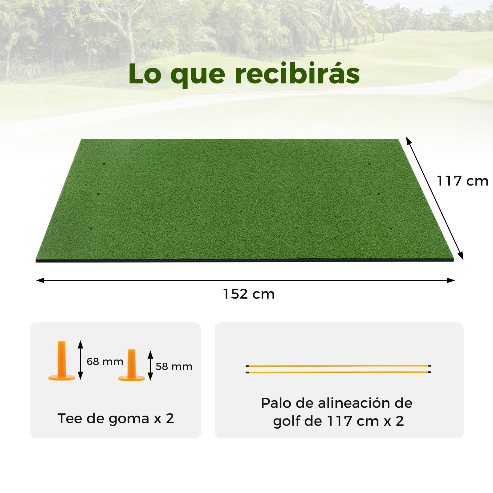 COSTWAY Tapete de Golf 3 en 1, Alfombrilla de Golf Césped Sintético, Densidad 20/25mm, 2 Tees de Golf/2 Palos de Alineación, 3 Orificios Perforados para Tees, Uso Interno y Externo
