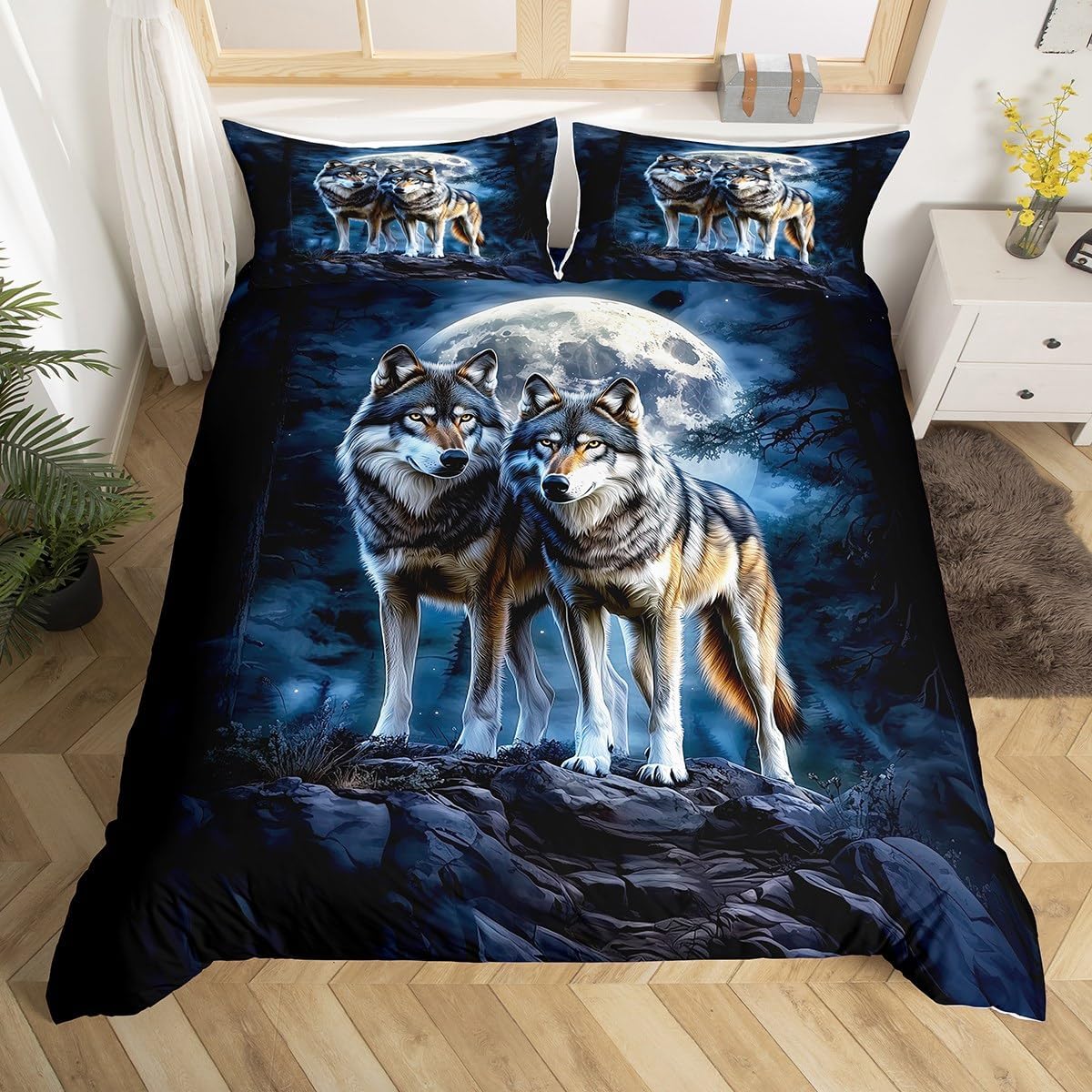 Castle Fairy Wolf Duvet Cover Toddler Size,Moon Night Scenery Bedding Set 2 Pcs for Boys Girls,Jungle Wildlife Animals Comforter Cover(No Filler),Kids Quilt Cover