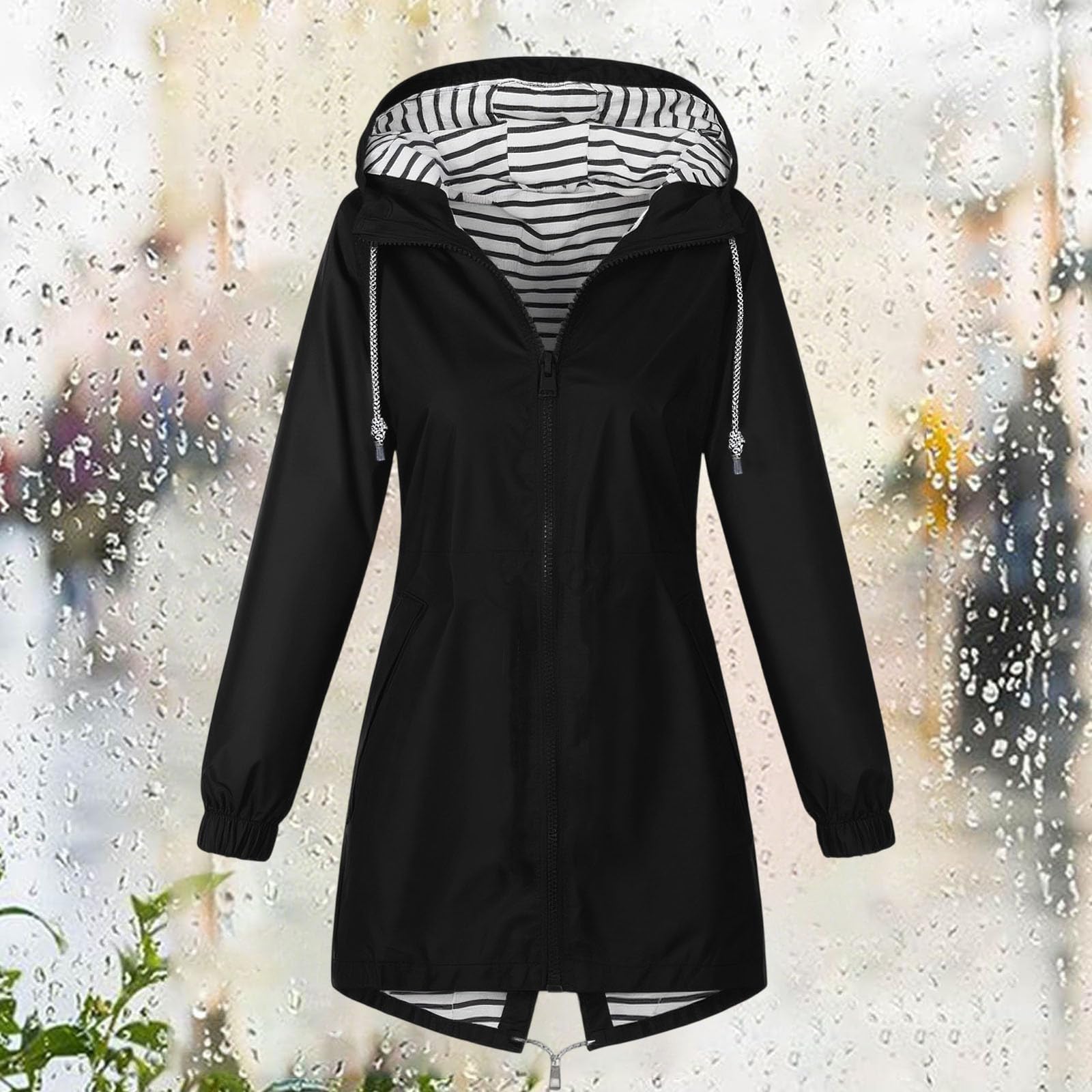 Veste Imperméable Femme Mi-Longues Manteau De Pluie Travail Manteaux À Capuche Veste Mi Saison Avec Poches