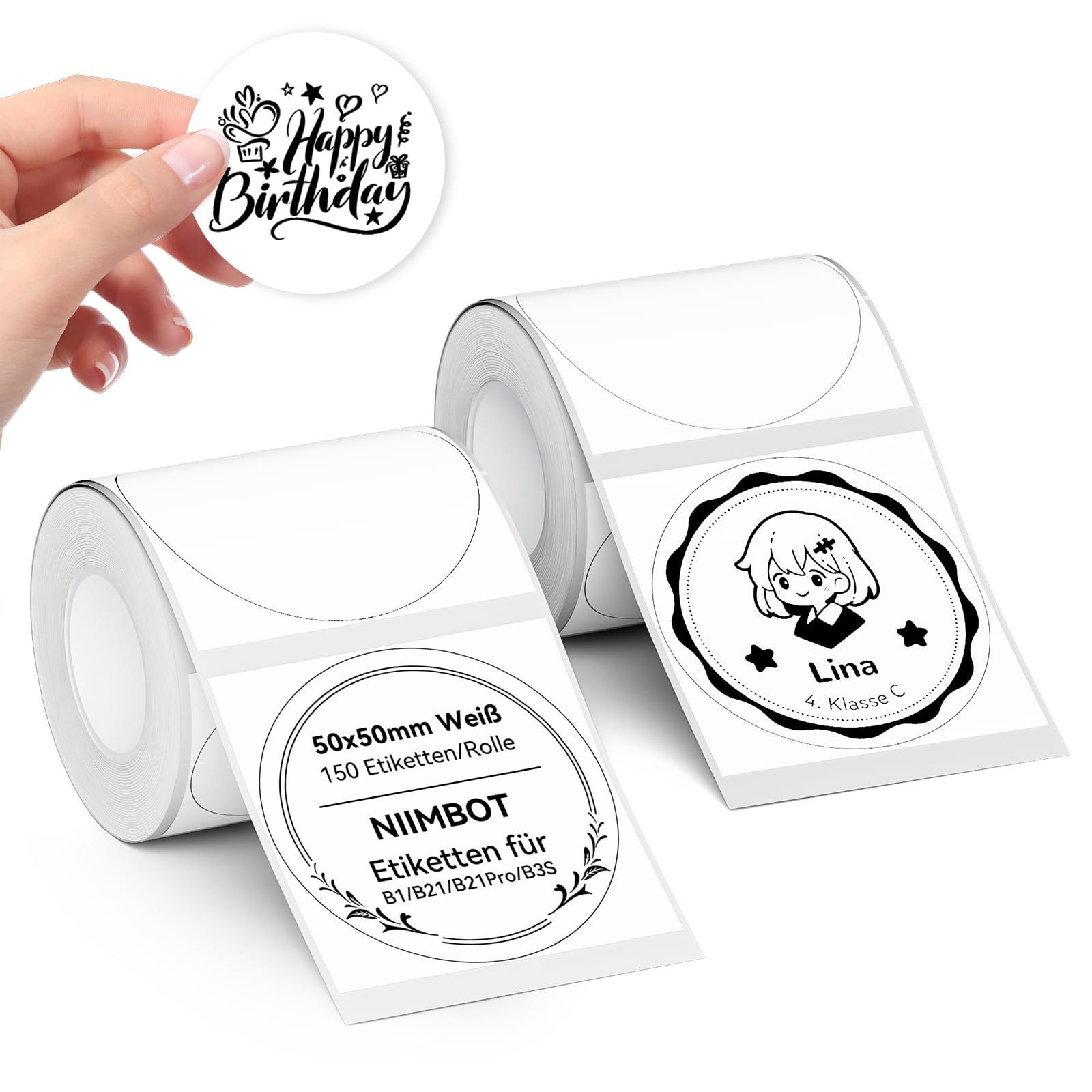 NIIMBOT Selbstklebende Etiketten Rolle, Etikettenband für B1 / B21 / B3S, 2 Rollen Runde Beschriftungsetiketten Aufkleber Bänder Wasserfest Abriebfest Thermopapier (Weiß, 2 Rollen 50x50 Rund)