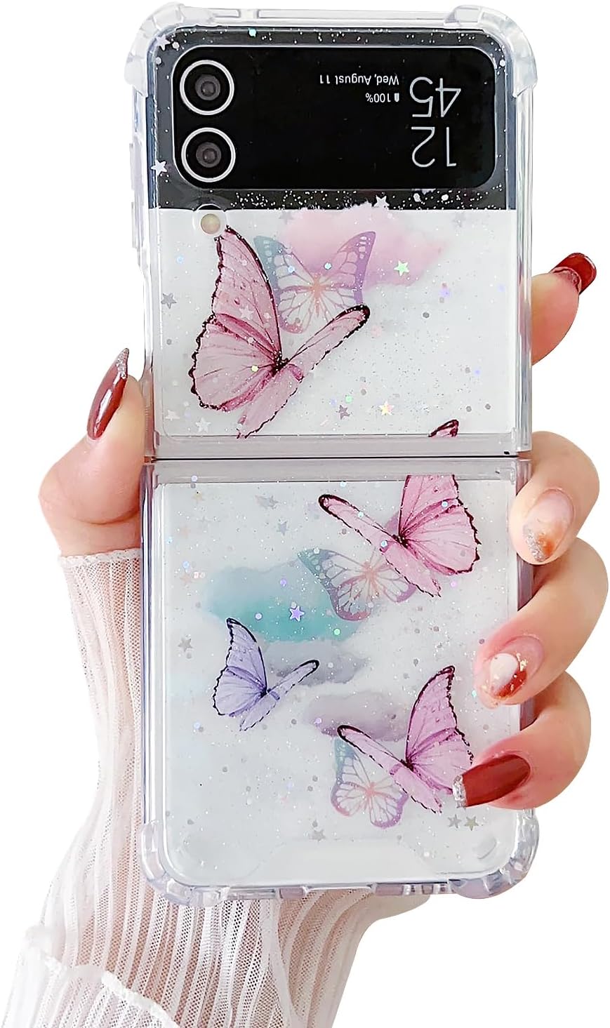 UEEBAI Case for Samsung Galaxy Z Flip 4 5G, Ultra Thin Glitter Butterfly Mobile Phone Case Transparent [Never Yellowing] Silicone Protective Case Slim Fit Soft TPU Bumper Cover for Women Girls - Pink