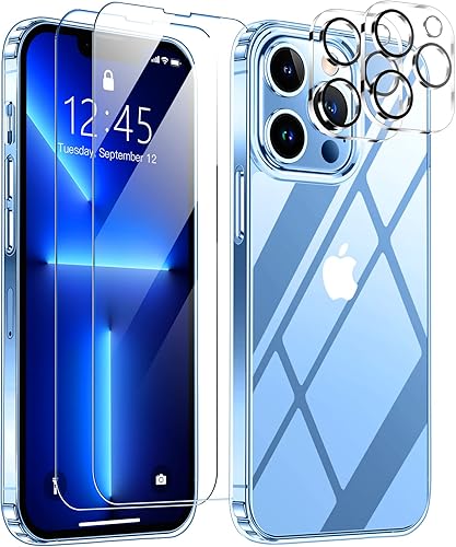 SPIDERCASE Funda diseñada para iPhone 13 Pro Max transparente no amarillea con 2 protectores de pantalla de vidrio templado protectores de lente de