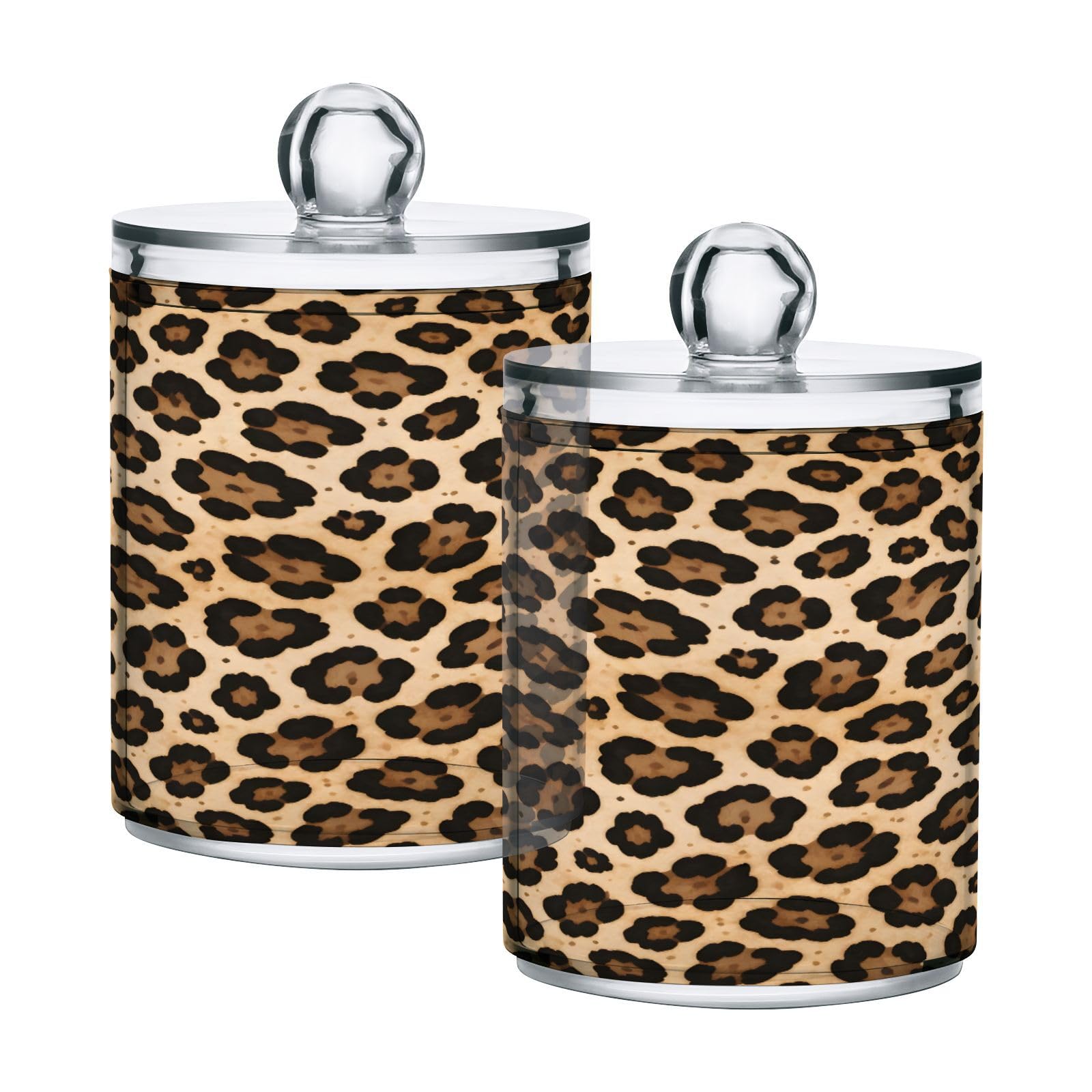 Nesatuwa 2 Pack Qtip Holder Dispenser Cheetah Leopard Print 10 Oz Bathroom Organizer with Lids Storage Canister for Cotton Ball, Floss