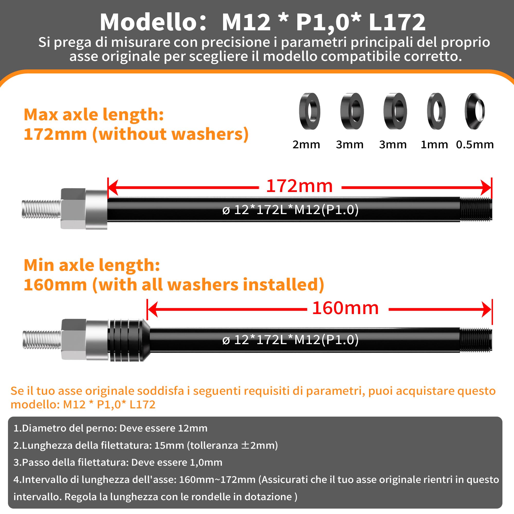 Adattatore Perno Passante Attacco Rimorchio Bicicletta, Adattatore Perno Passante BiciclettaM12 x 1,5-170 mm/M12 X 1,0-160-172 mm
