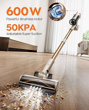 Cordless Vacuum Cleaner,80Mins/50kpa/600W Vacuum Cleaners for Home,Stick Vacuums with Self-Standing,Touch Screen,LED Headlights, Anti-Tangle,Rechargeable,Lightweight,for Carpet,Hard Floor, Pet Hair