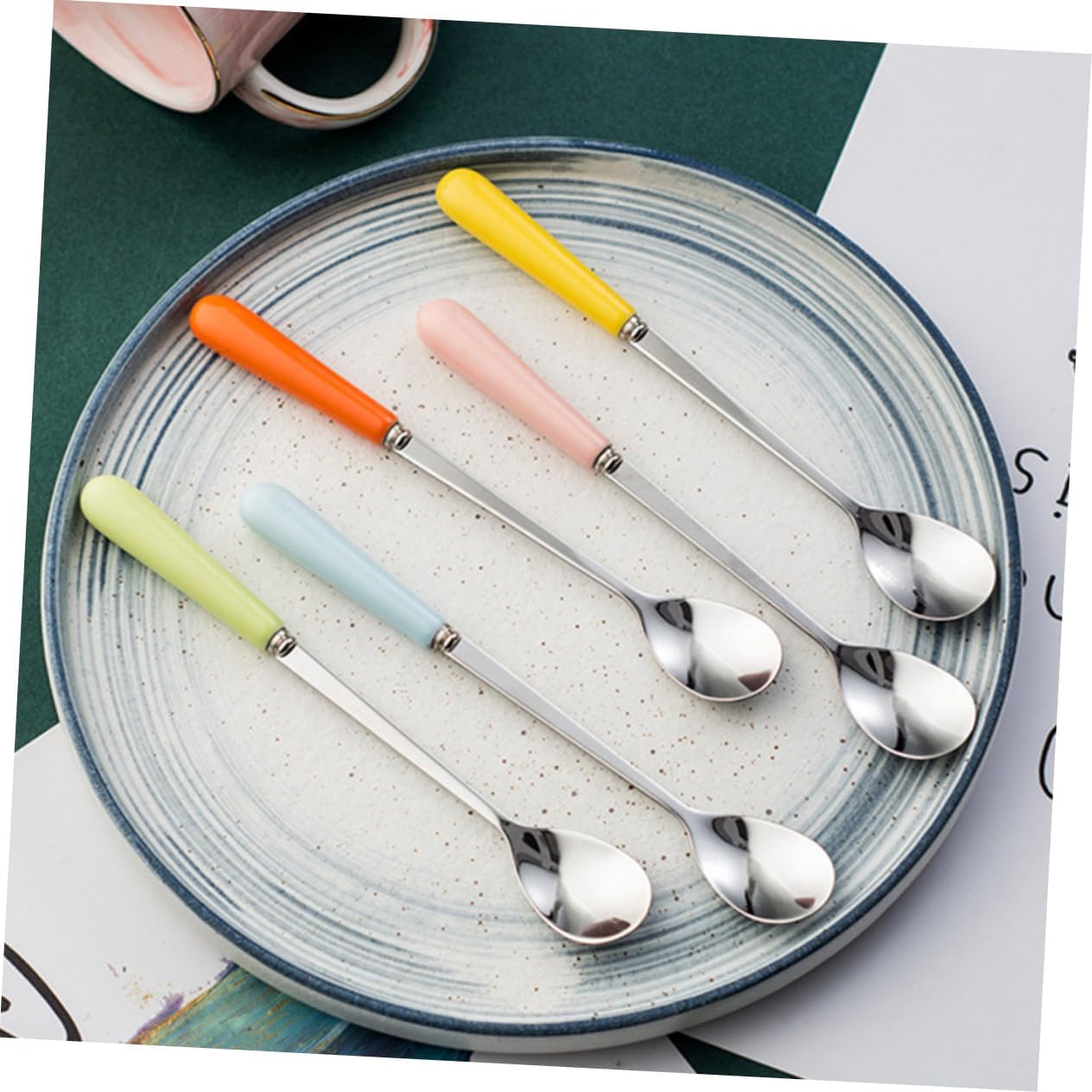 4Pcs Ceramic Handle Stainless Steel Spoons Long Stirring Utensils for Coffee Tea and Condiments and Smooth Finish for Home Office and Cafes