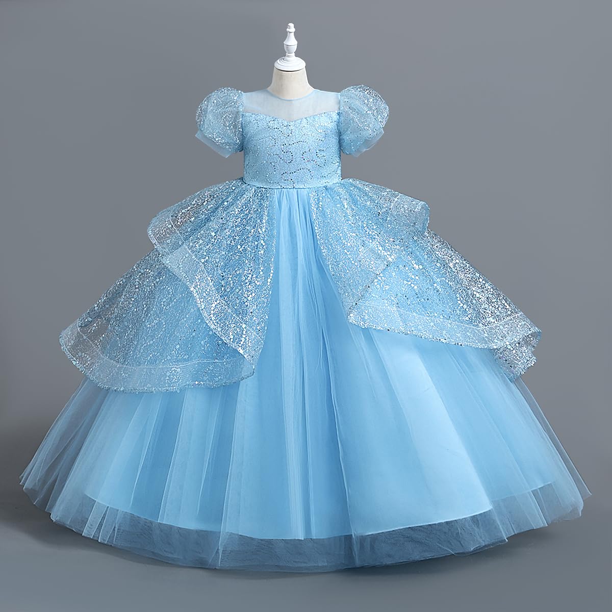 deAO Girls Princess Dress Up Costume, 3 Colors Pink Blue Yellow Fancy Party Dress Outfit, Puff Sleeve Long Dress Pretend Play Birthday Halloween Cosplay Dress, for 5-14 Years Old Kids (Blue, 150 cm)