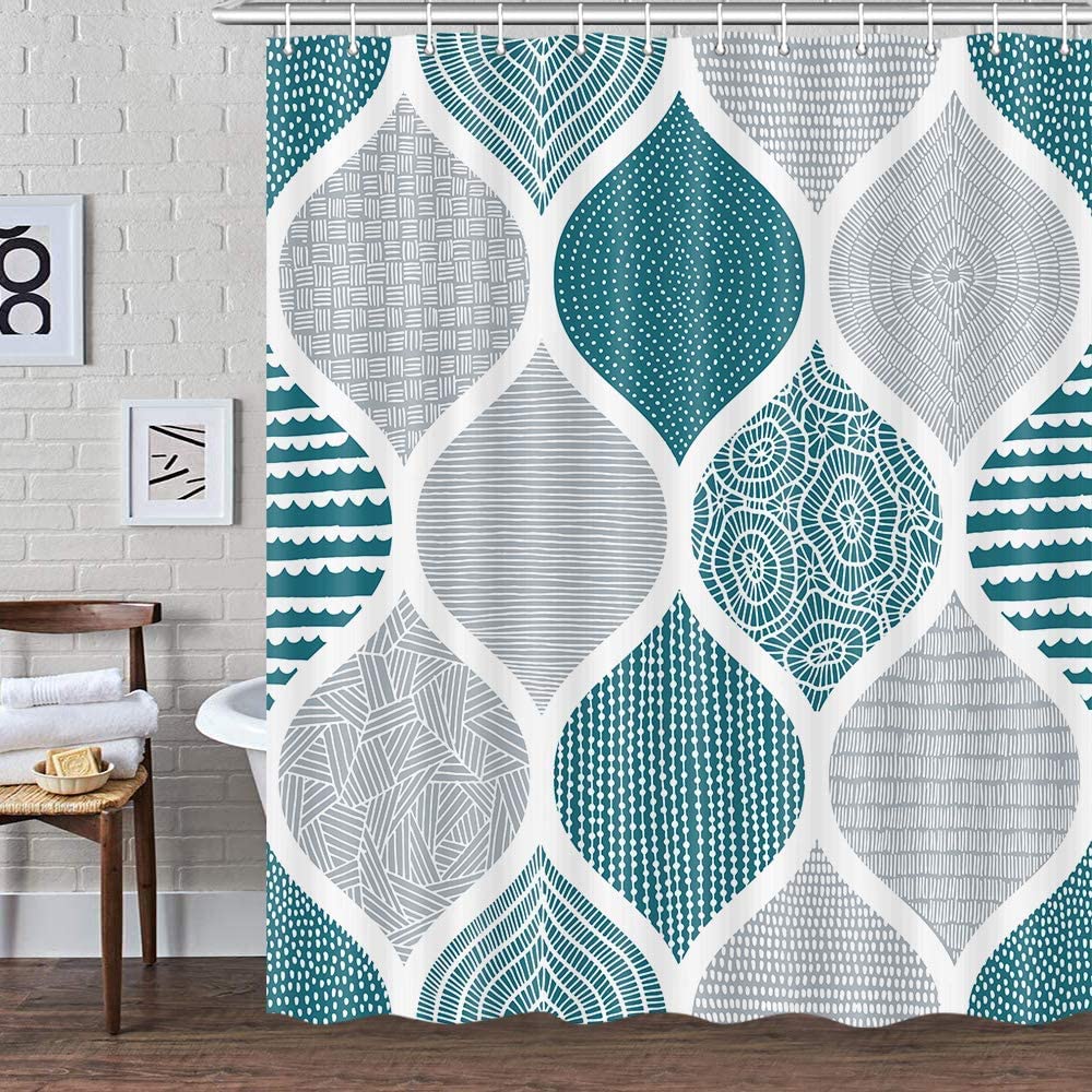 JAWO Cortina de Ducha Bohemia Verde Azulado y Gris para baño, Juego de Cortinas de Ducha con patrón geométrico de Tela Bohemia Gris y Blanco, Accesorios de decoración de baño con Ganchos, 72 x 72