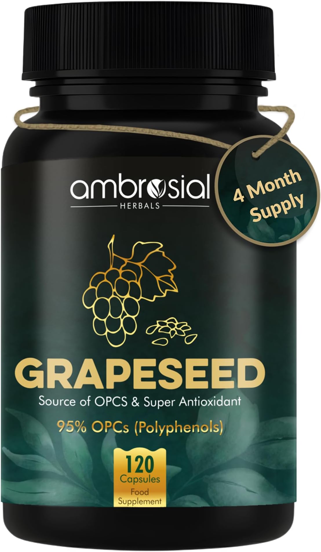 Ambrosial Grape Seed Extract Capsules | 95% OPCs Polyphenols | High Strength Grape Seed Supplement | Strong Antioxidant | Pack of 1-120 Vegan Capsules