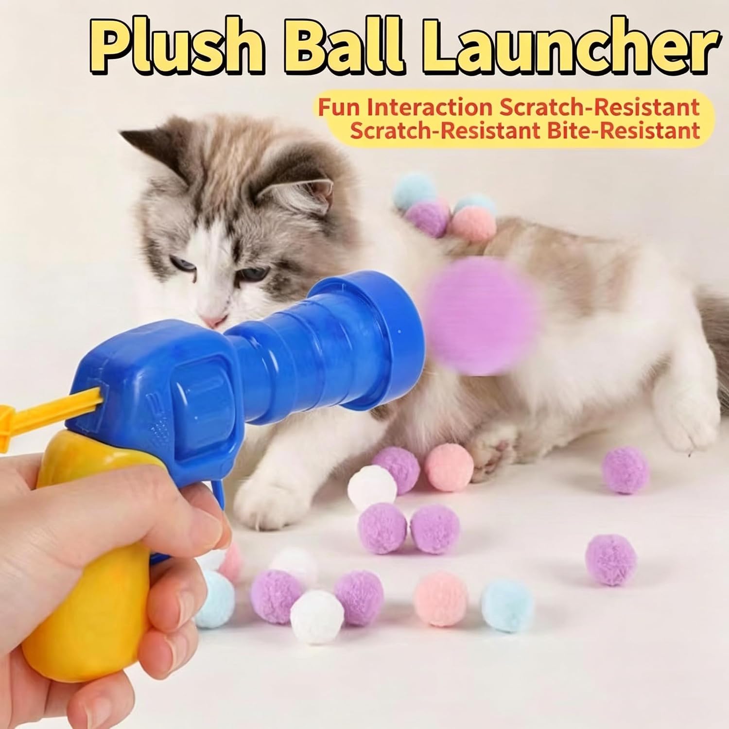 Interactive Cat Ball Launcher Toy with 50 Soft Pom Pom Balls, 3 cm Colorful Plush Ball Cat Toys, Low-Noise Indoor Chase Toy Set for Cats, Kittens, Exercise, Training and Play image 2