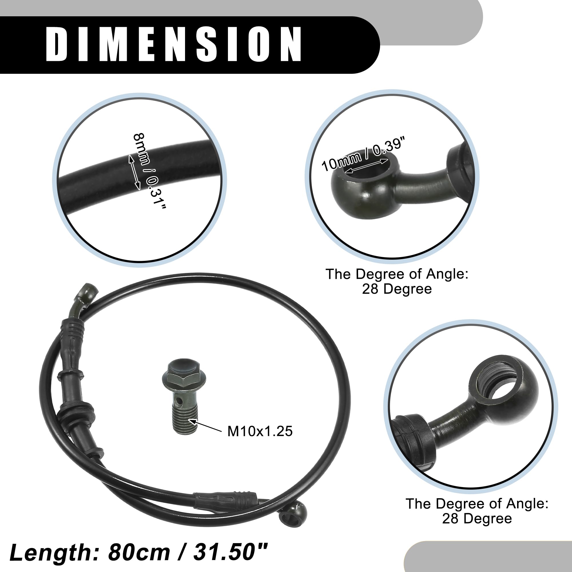 1 Set 80cm 31.50" Manguera de Freno Hidráulico Universal para Motocicletas - para Motocross y Motos de Tierra 28 Grados Trenzado Duradero - Acero Inoxidable Negro