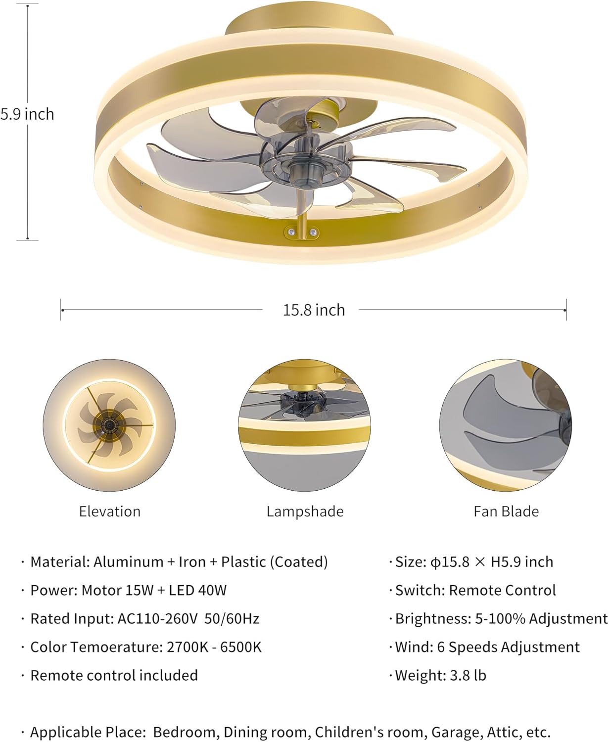 KDG 15.8" Low Profile LED Ceiling Fans with Light, Reversible Flush Mount with Remote and 6 Winds Speeds Fan Lighting, 3 Colors Dimmable for Bedroom, Living Room, Kids, Dinning Room, Kitchen (Gold)