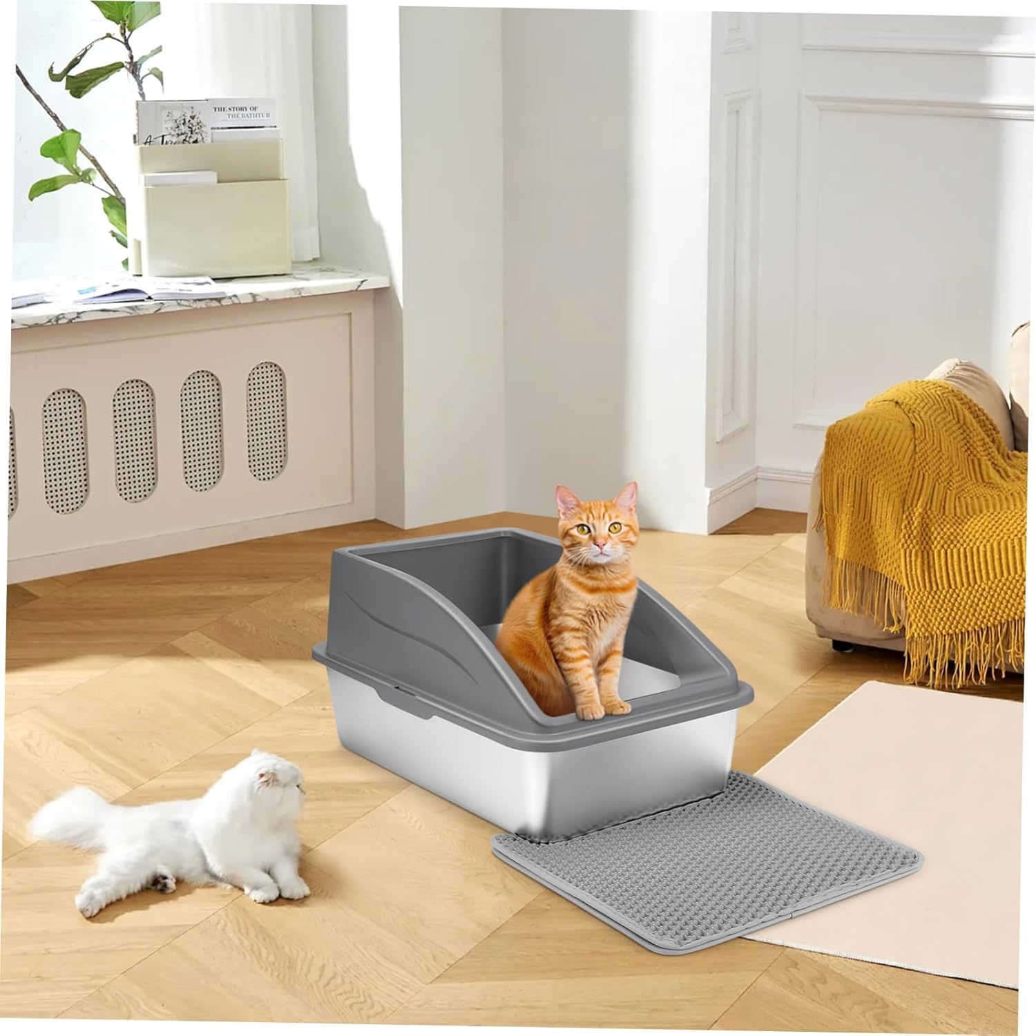 Sosoport Stainless Steel Cat Litter Box High Walls Washable for Indoor Cats Large Litter Pan Scoop