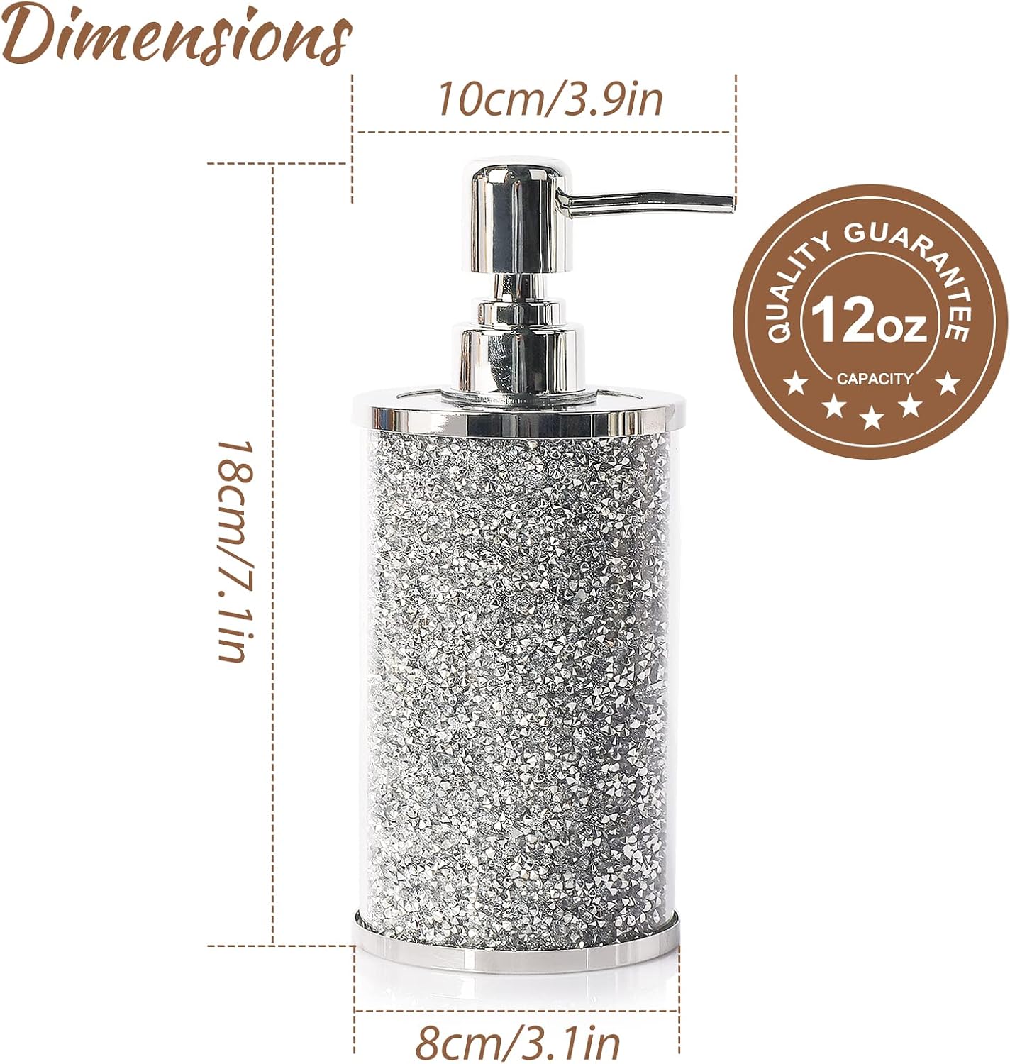 Crystal Glass Soap Dispenser Bathroom Countertop,300ml Refillable Lotion Dispenser with Stainless Steel Pump Bling Rhinestone Hand Soap Bottle for Hotel Bathroom Kitchen, Silver
