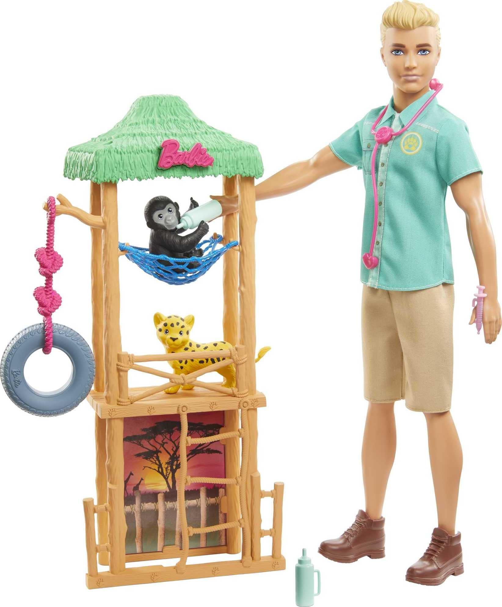 Barbie Ken Wildlife Vet Playset With Doll, Vet Care Station, Baby Cheetah And Monkey Figures And Related Animal Caretaking Accessories For Ages 3 And Up Amazon Exclusive, Multi, Gjm33