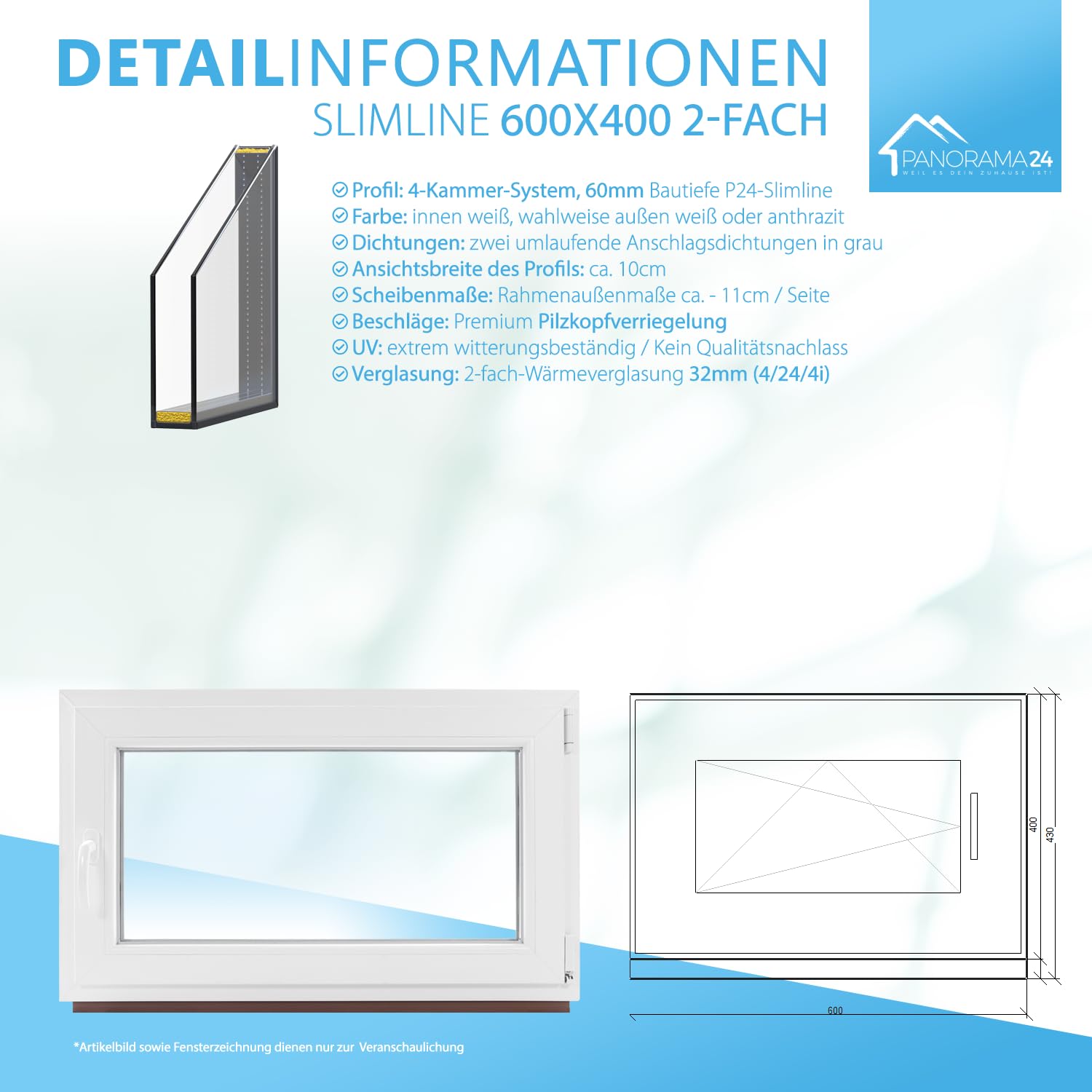 Kellerfenster Kunststofffenster weiß, BxH: 60 x 40 cm / 600 x 400 mm 2-fach Verglasung (32 mm) Dreh-Kipp inkl. Pilzkopfverriegelung, DIN Rechts (Griff Links), 60 mm Profil