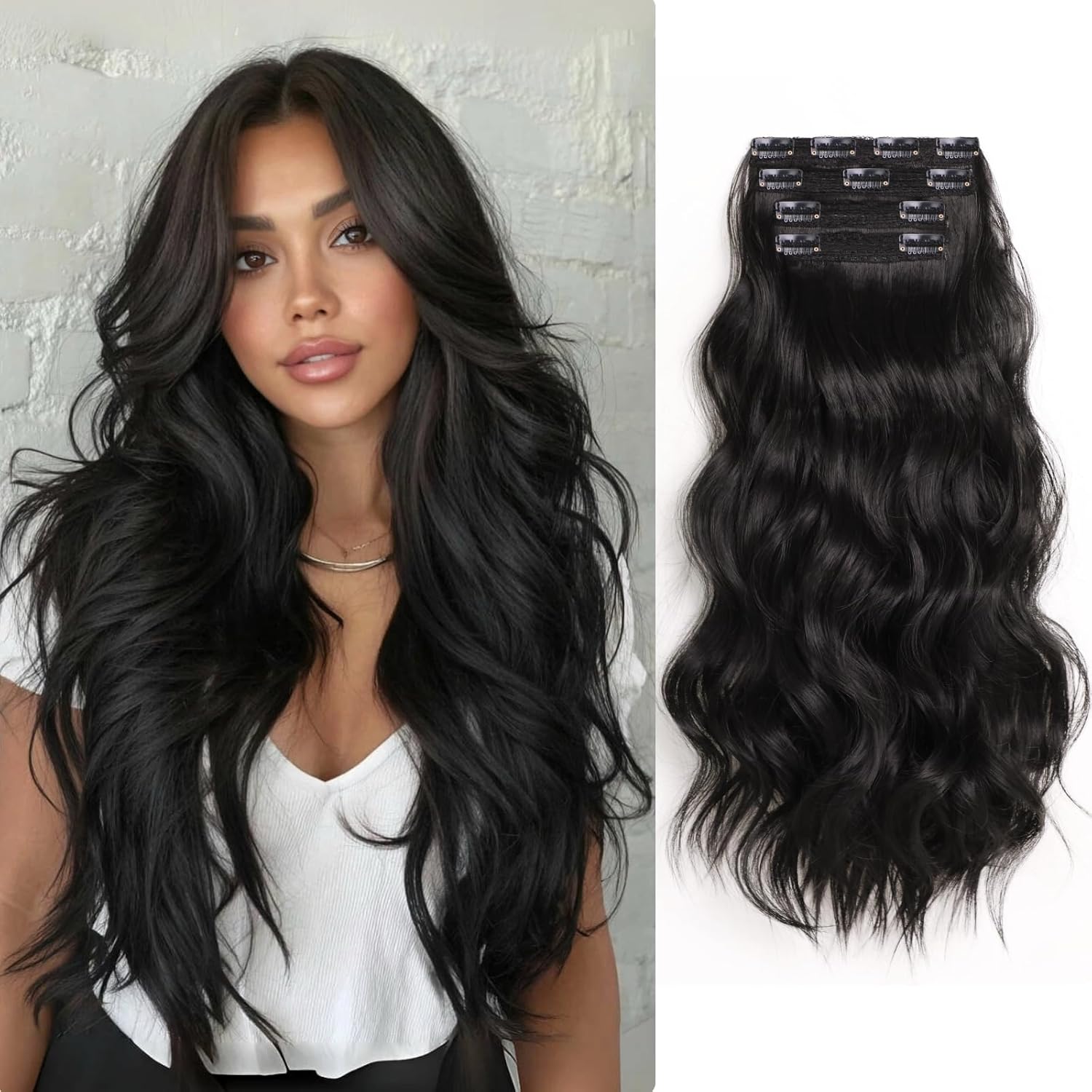 Clip in Hair Extensions Black 24 Inch Long Wavy Synthetic Hair Extensions for Women, 4PCS Thick Natural Fluffy Hairpieces Clip Ins Full Head Double Weft(Natural Black)