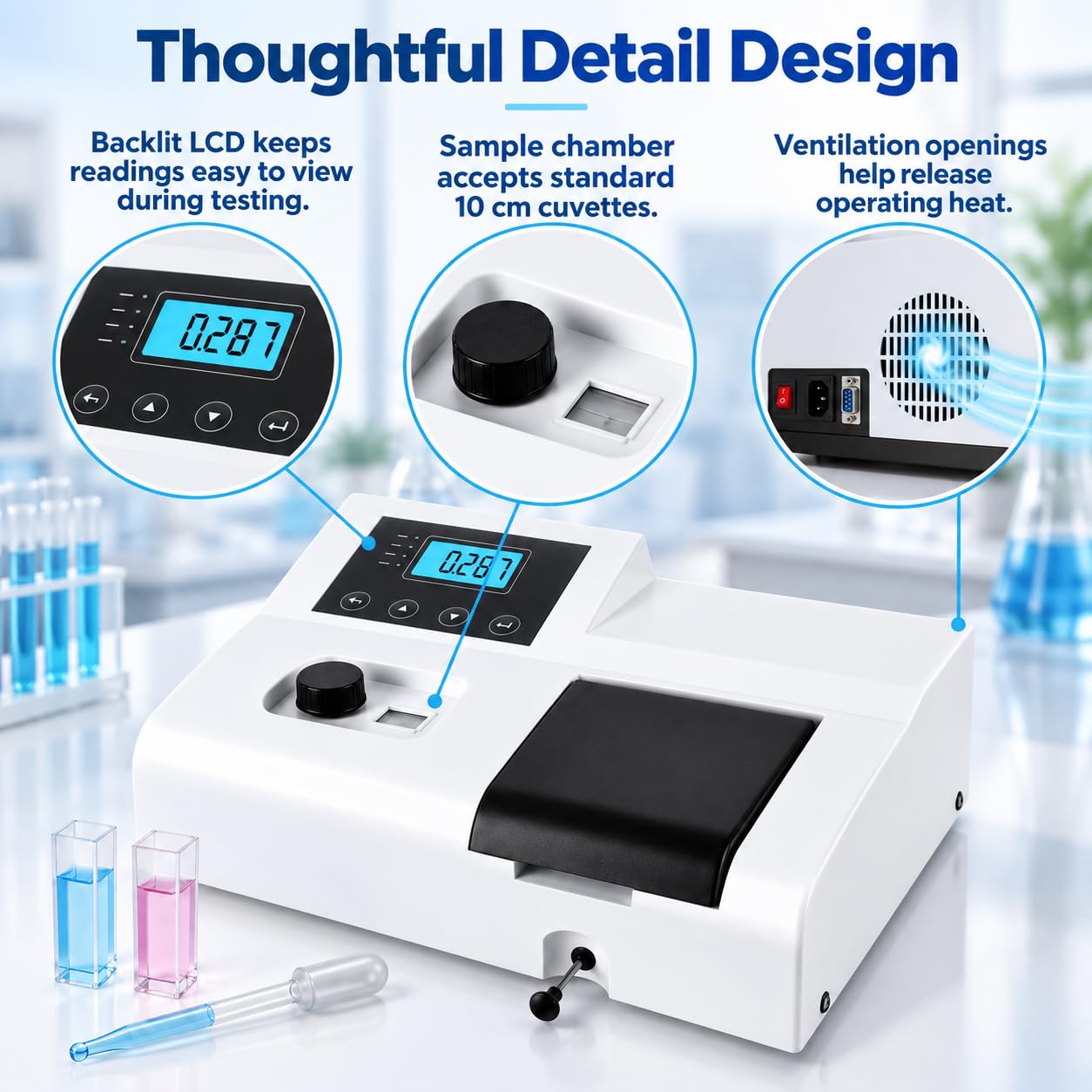 Espectrofotómetro digital portátil, rango de 320-1020 nm, ancho de banda de 6 nm