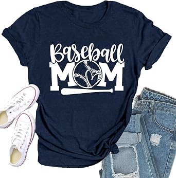 Womens Baseball Mom Shirts Baseball Heart T-Shirt Funny Game Day Tee Tops