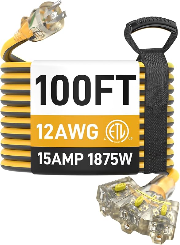 100ft 12/3 Heavy Duty 3-Outlet LED Locking Plug Outdoor Extension Cord ETL | 15A 1875W, SJEOW waterproof -58°F to 221°F, pure copper, construction, woodworking, metal cutting, generator
