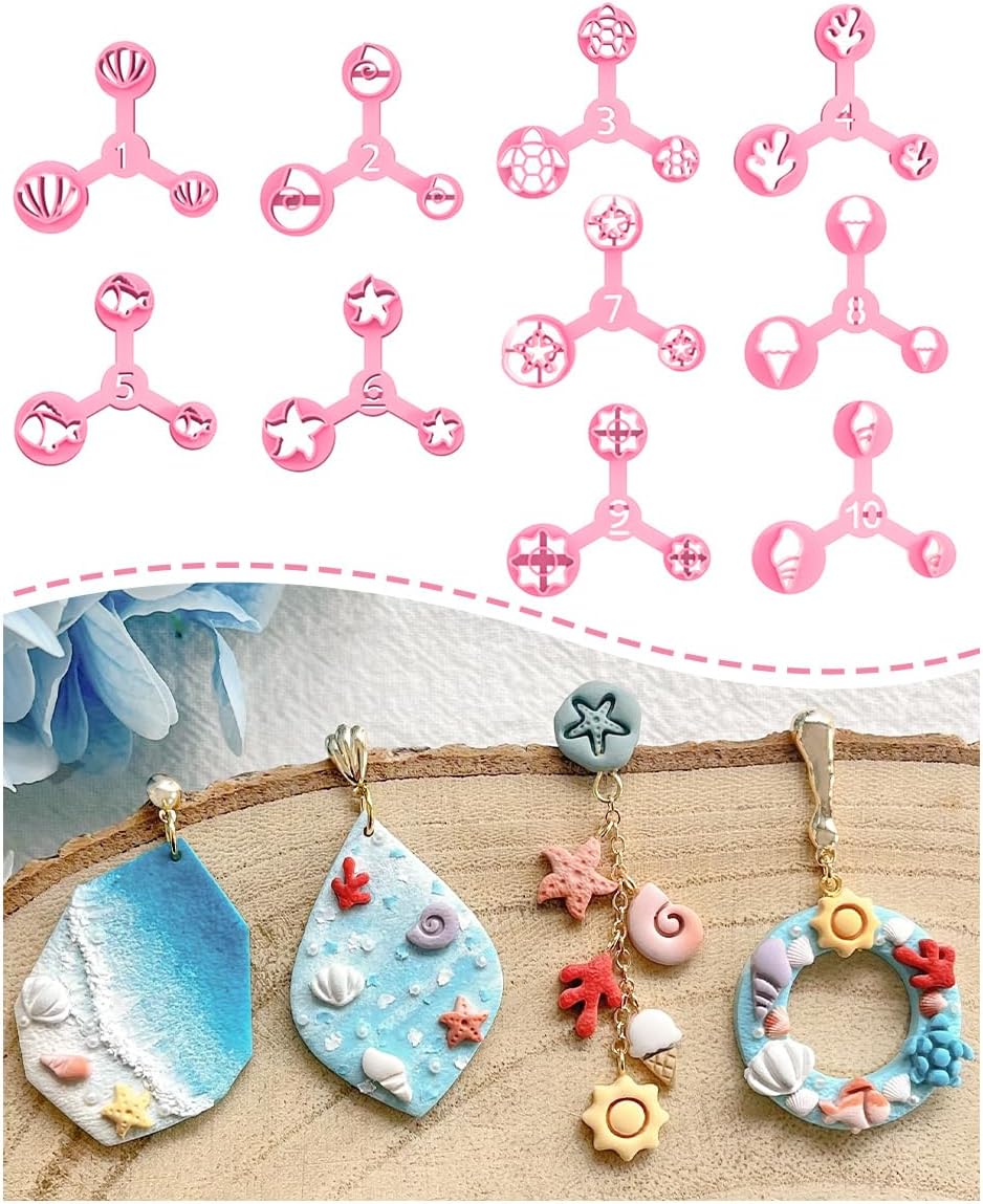 Keoker Summer Polymer Clay Cutters, 10 Shapes Ocean Mini Clay Cutter for Polymer Clay Jewelry, 3 Sizes(Micro. Mini, Small), Decoration to Make Summer Earrings