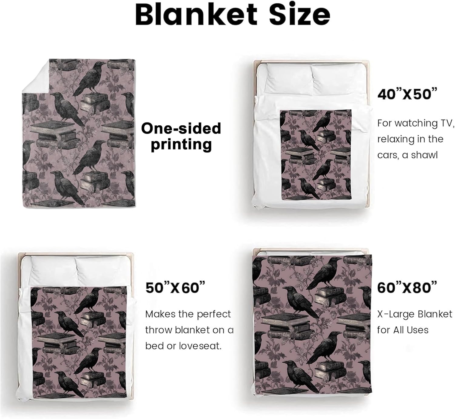 Raven Gothic Book Throw Blanket Gifts for Women Girls Kids Adults, 50x60 in, Flannel Blankets for Bedroom, Camping, Couch, Room Decor, Fuzzy Warm Cozy Soft - Image 3