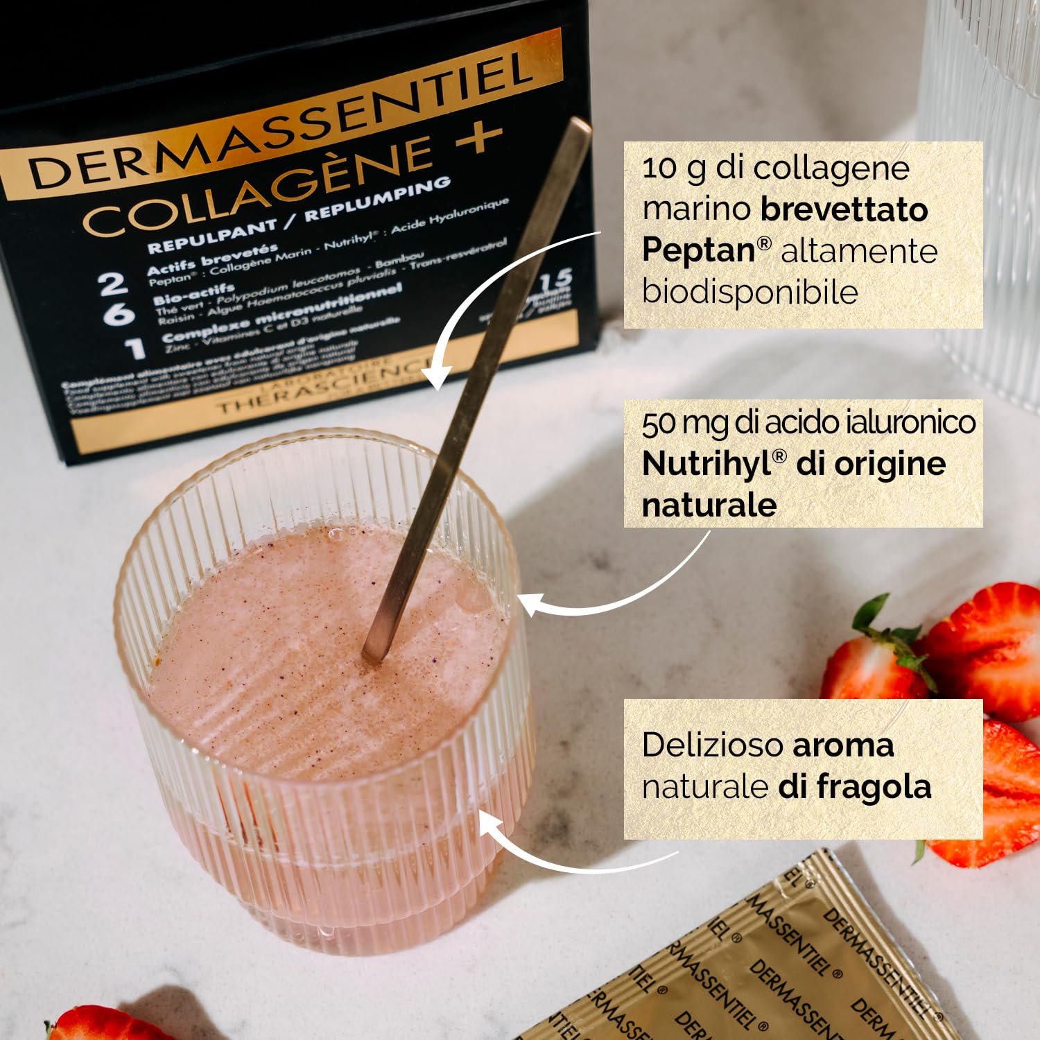 DERMASSENTIEL COLLAGENE+ | Rimpolpa e Rassoda | 10 g di Collagene marino idrolizzato Peptan® | Acido ialuronico Nutrihyl® | 6 Bio-attivi | Zinco + Vitamina C | 15 bustine | Laboratoire THERASCIENCE