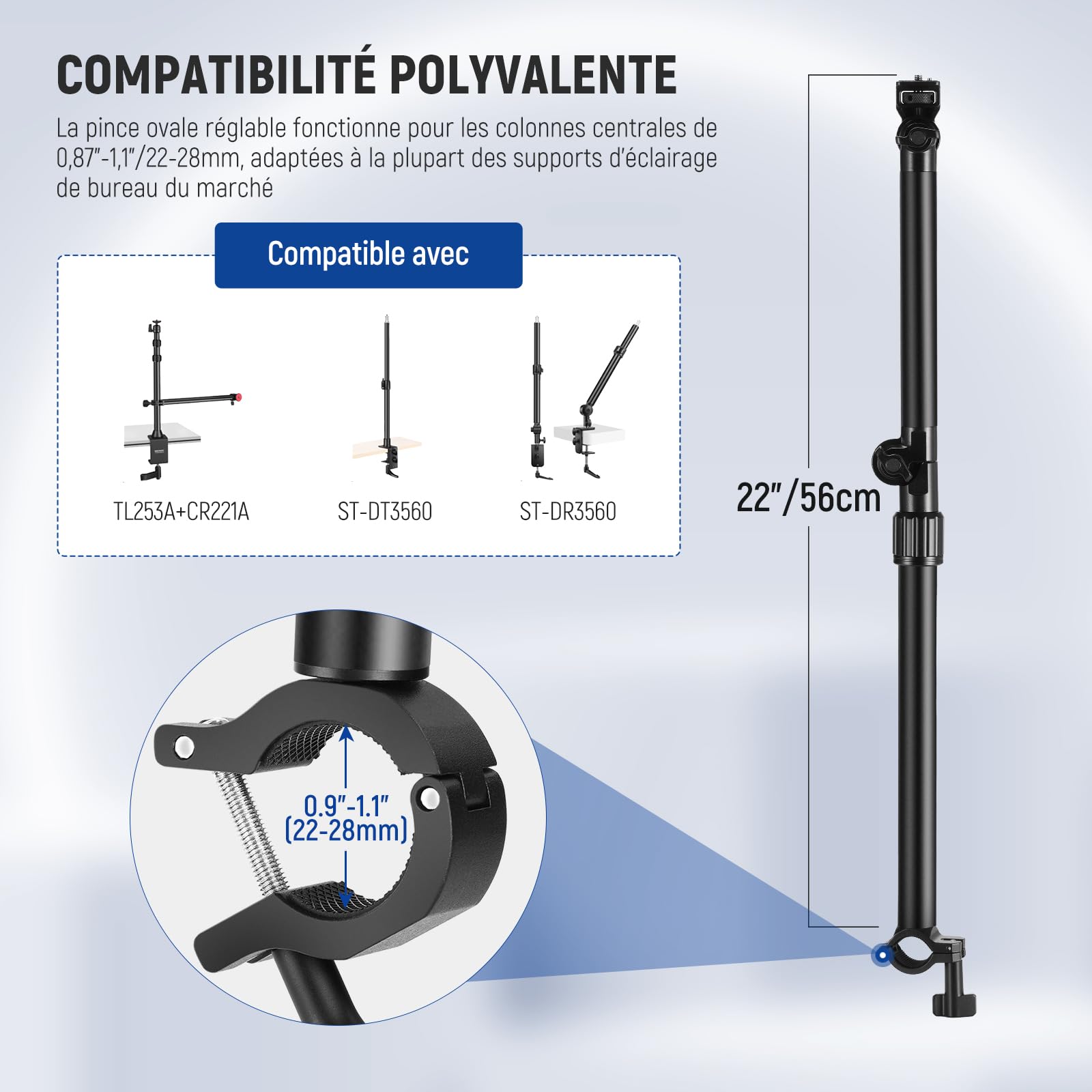 NEEWER Bras de Support de Caméra Aérien 56 cm 180° 360° Flexible 2 Sections pour Bureau Tube 2,2-2,8 cm Charge 2,5 kg