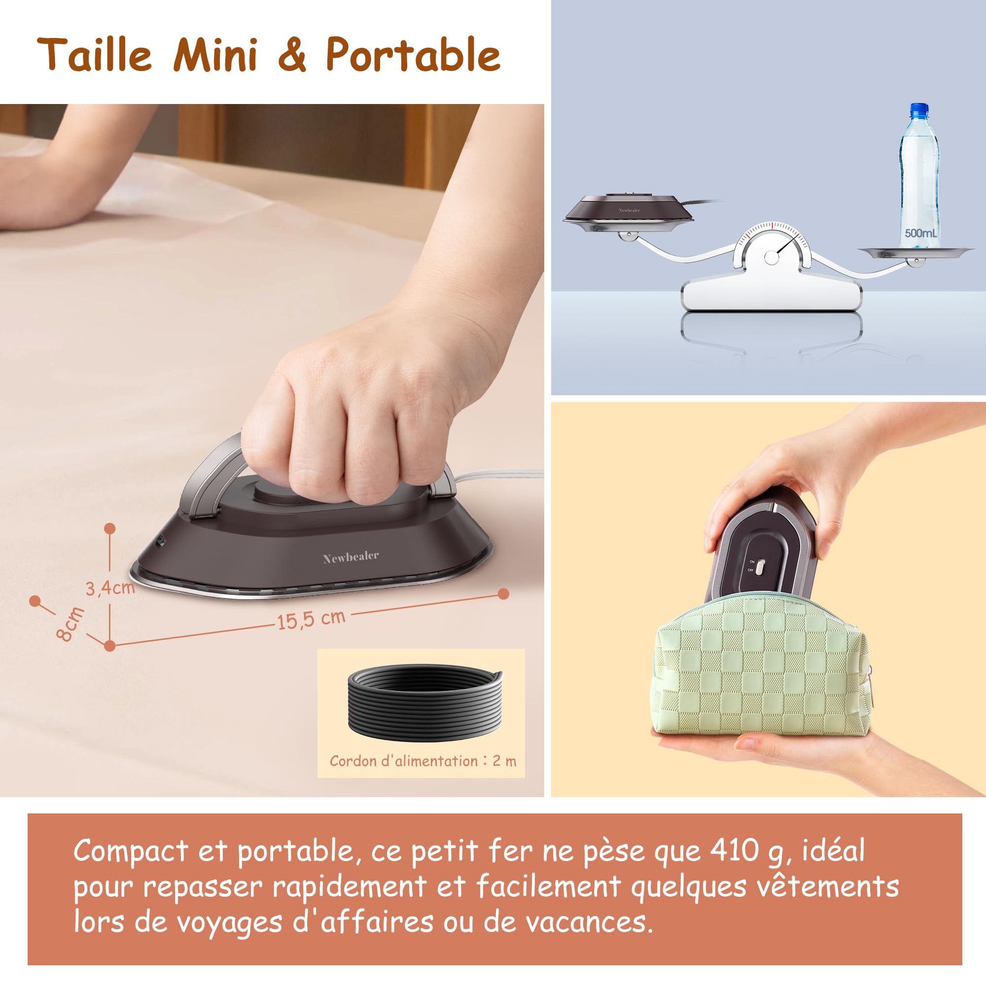 Newbealer Mini Fer à Repasser de Voyage Portable Léger Compact pour Vacances Couture avec Sac de Rangement, Tension Universelle pour Utilisation Globale, Chauffe Vite sans Vapeur, Marron