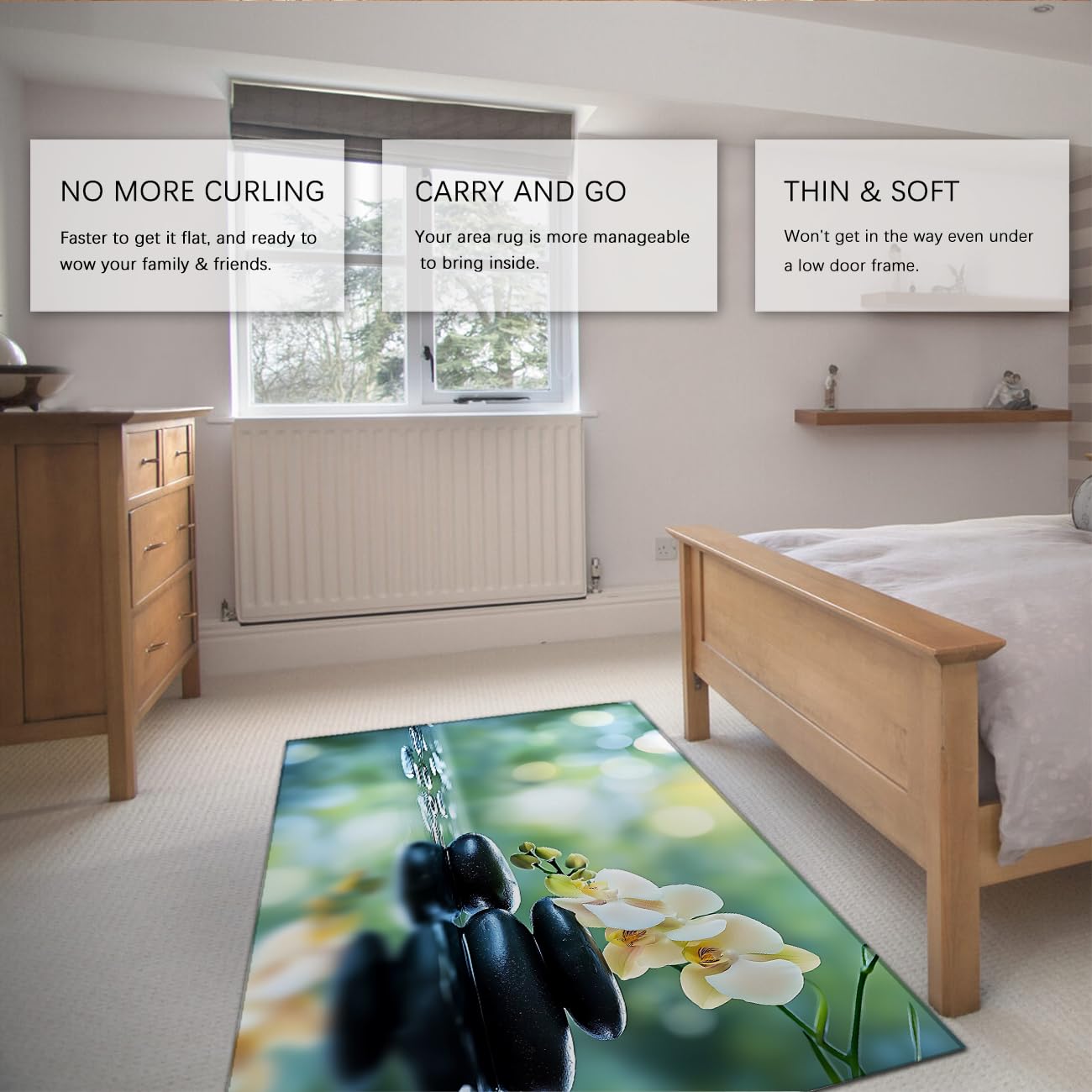 Espace méditation 160x230cm Tapis d’Espace Pierres calmantes et orchidées sur Eau Lavage à Machine à moquettes à Poil Bas et Confortable pour Spa Salle Bain décoration du Sol