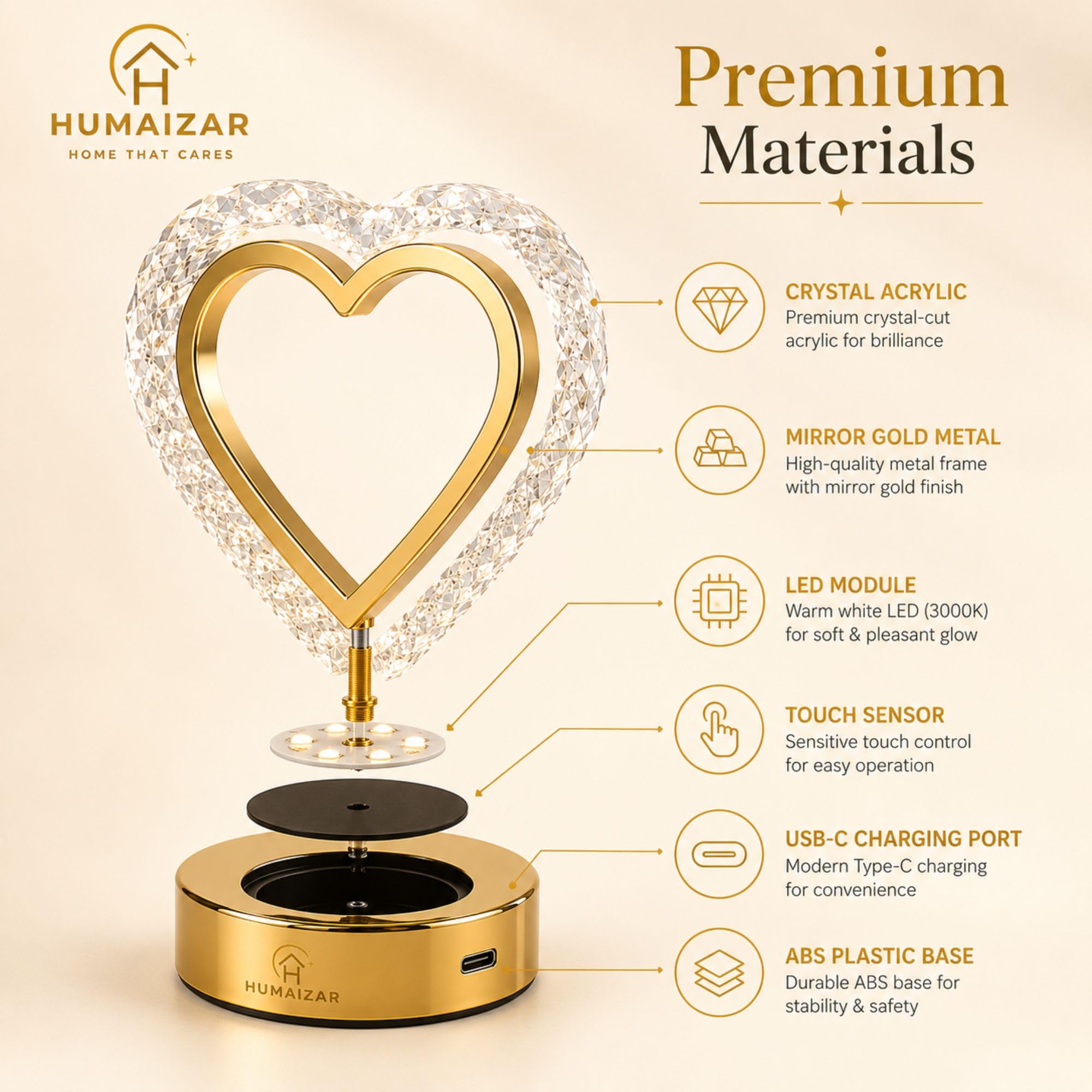 HUMAIZAR Heart Crystal Rechargeable LED Table Lamp, USB Type-C Charging, Touch Control, Warm White LED, Premium Gold Metal & Crystal Acrylic Night Light for Bedroom, Living Room, Home Decor & Gift 2